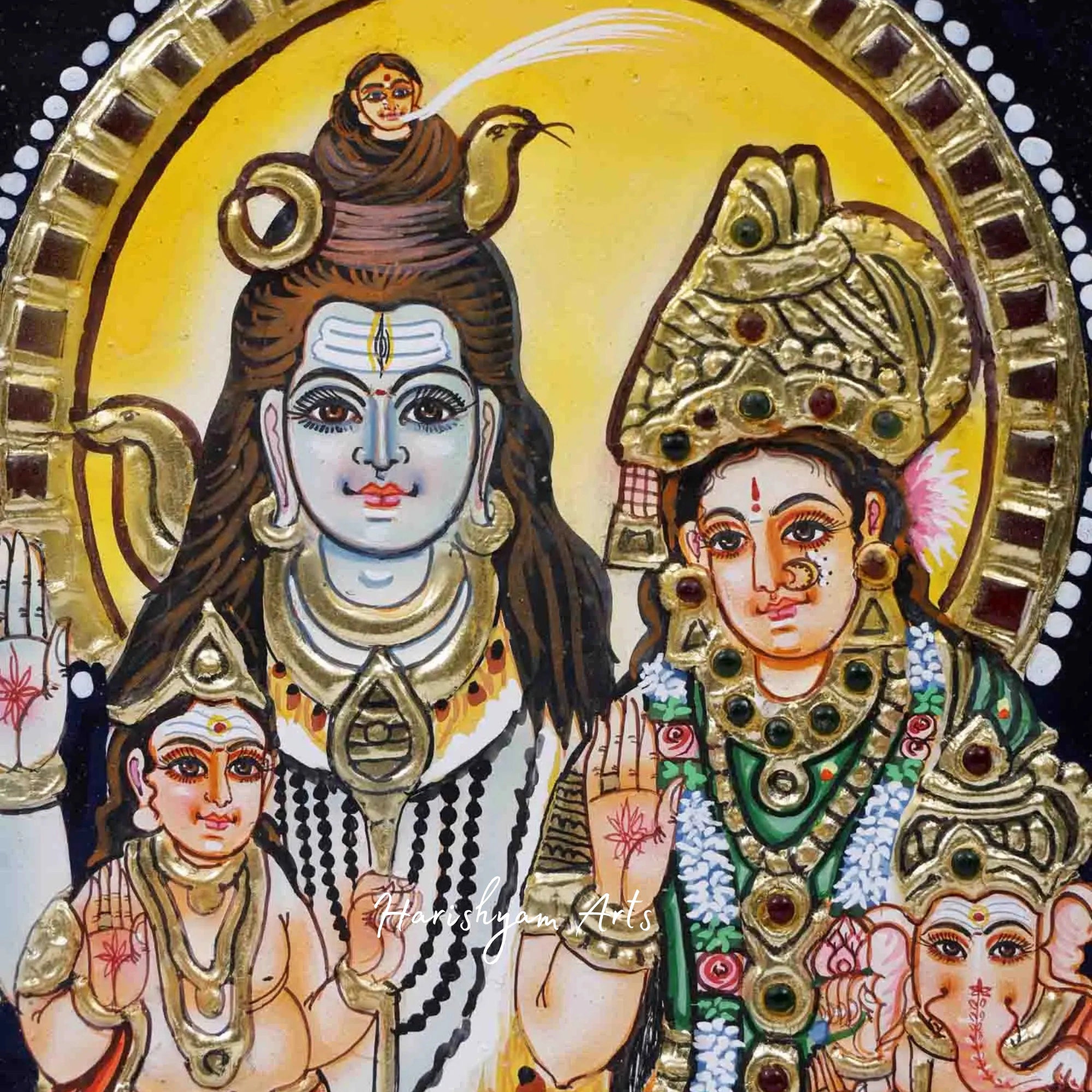 15" Lord Shiva Family Tanjore Painting in a Decorative Framed Design