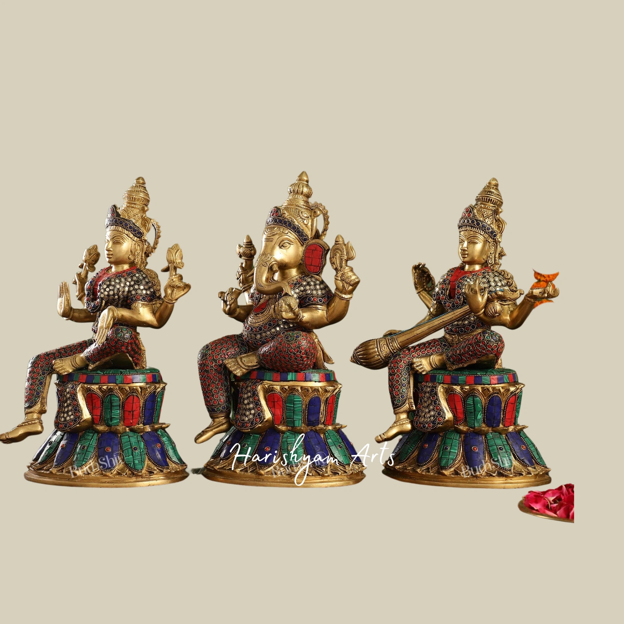 15" Pure Brass Idol Trio: Ganesh, Lakshmi, and Saraswati for Spiritual Spaces