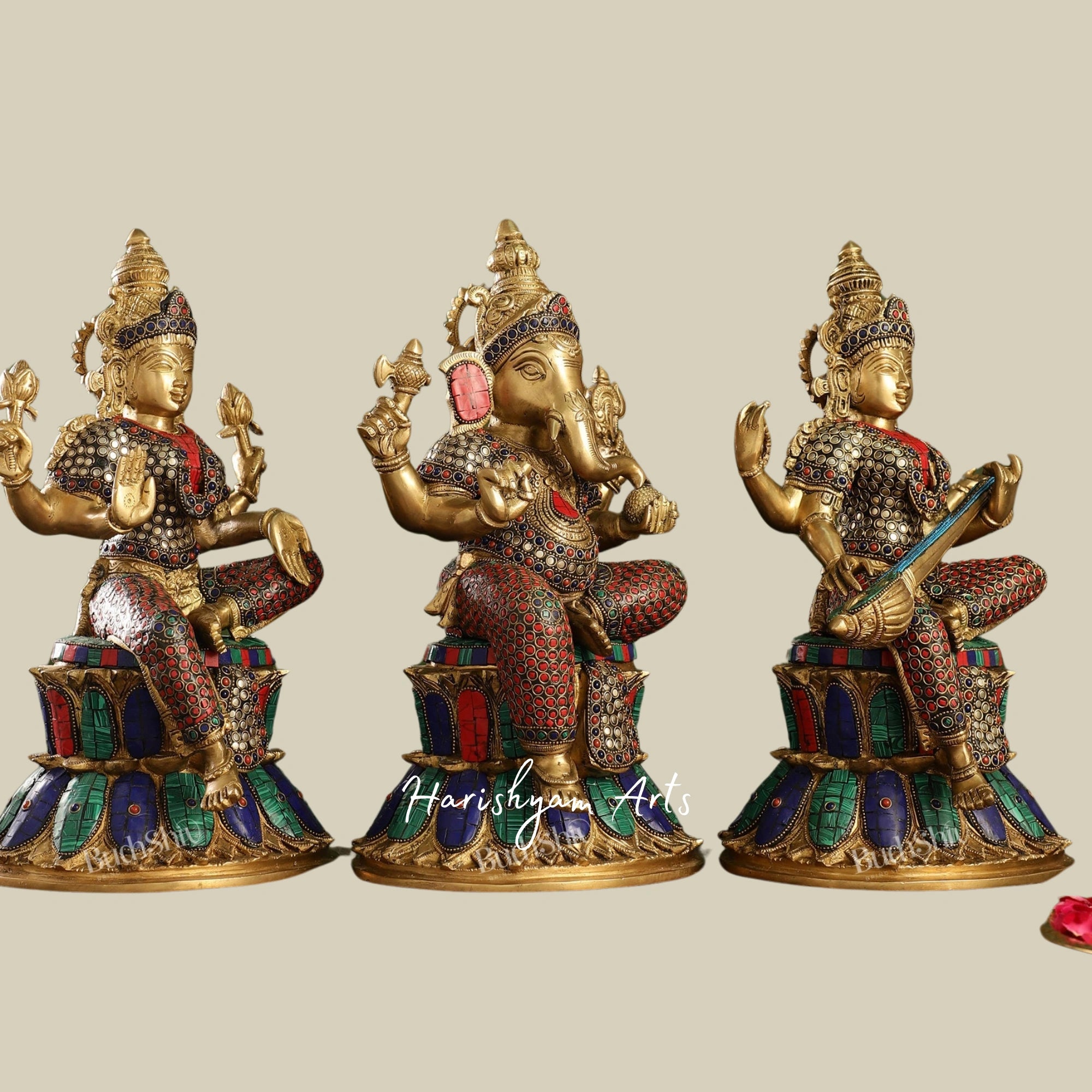 15" Pure Brass Idol Trio: Ganesh, Lakshmi, and Saraswati for Spiritual Spaces2