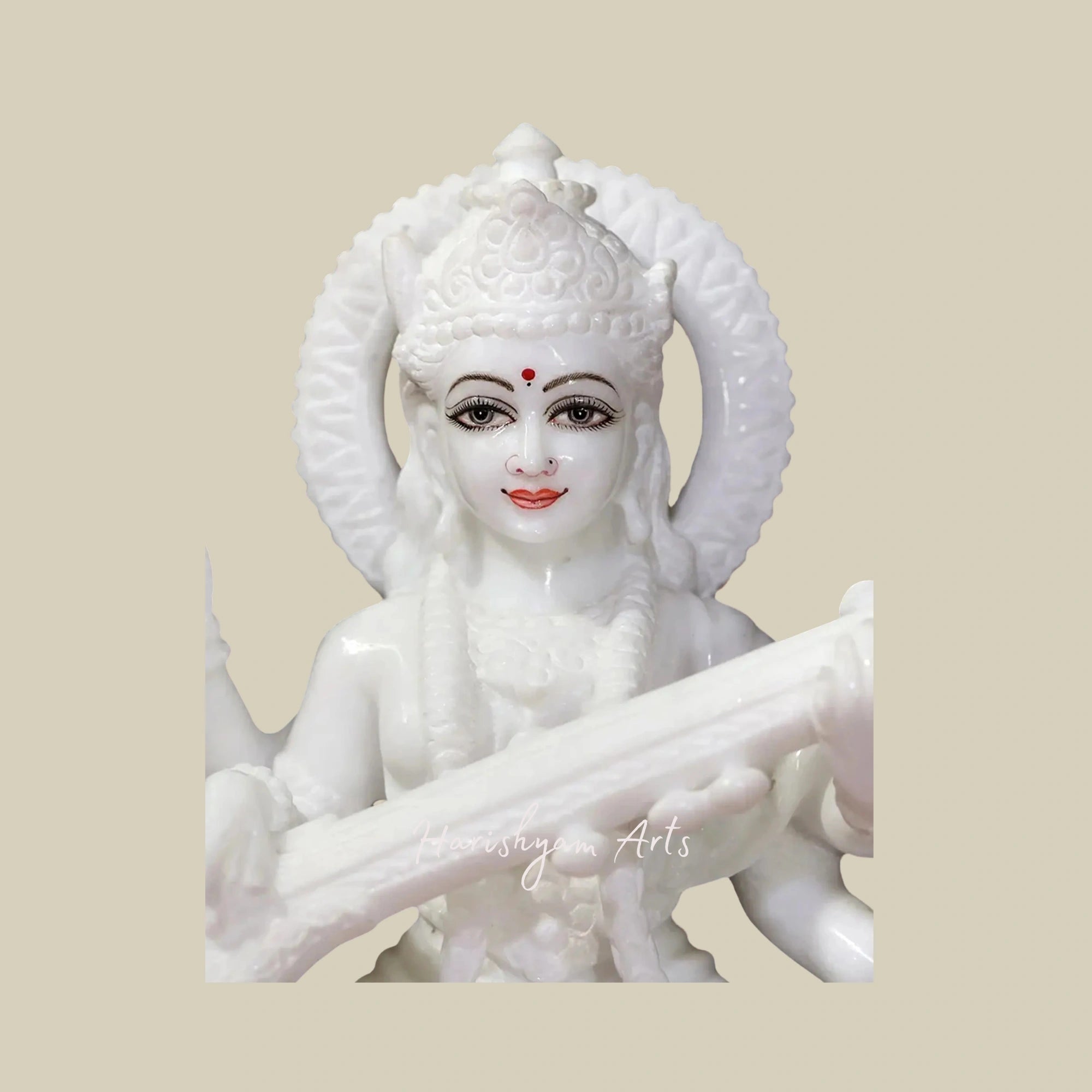 15" Seated Saraswati Marble Idol Wearing Floral Garland in Super White Makrana Marble