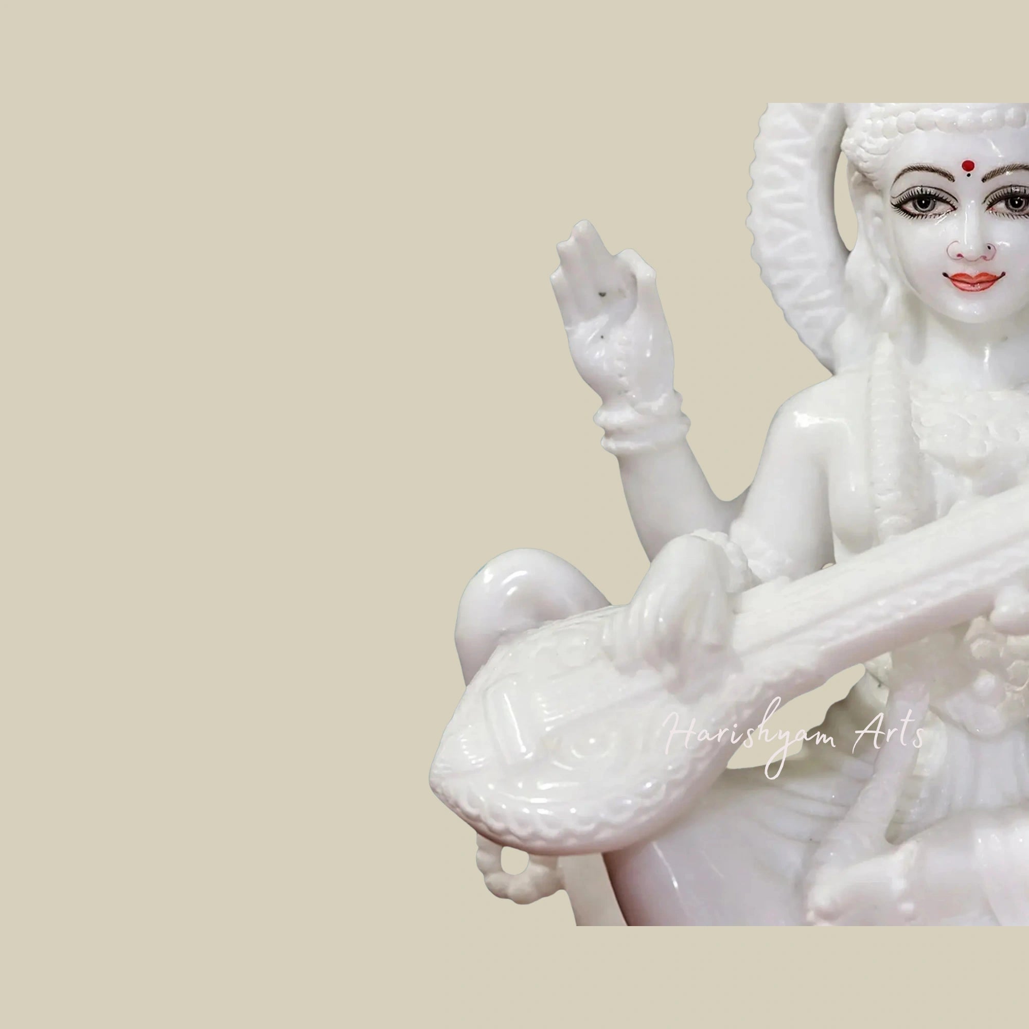 15" Seated Saraswati Marble Idol Wearing Floral Garland in Super White Makrana Marble