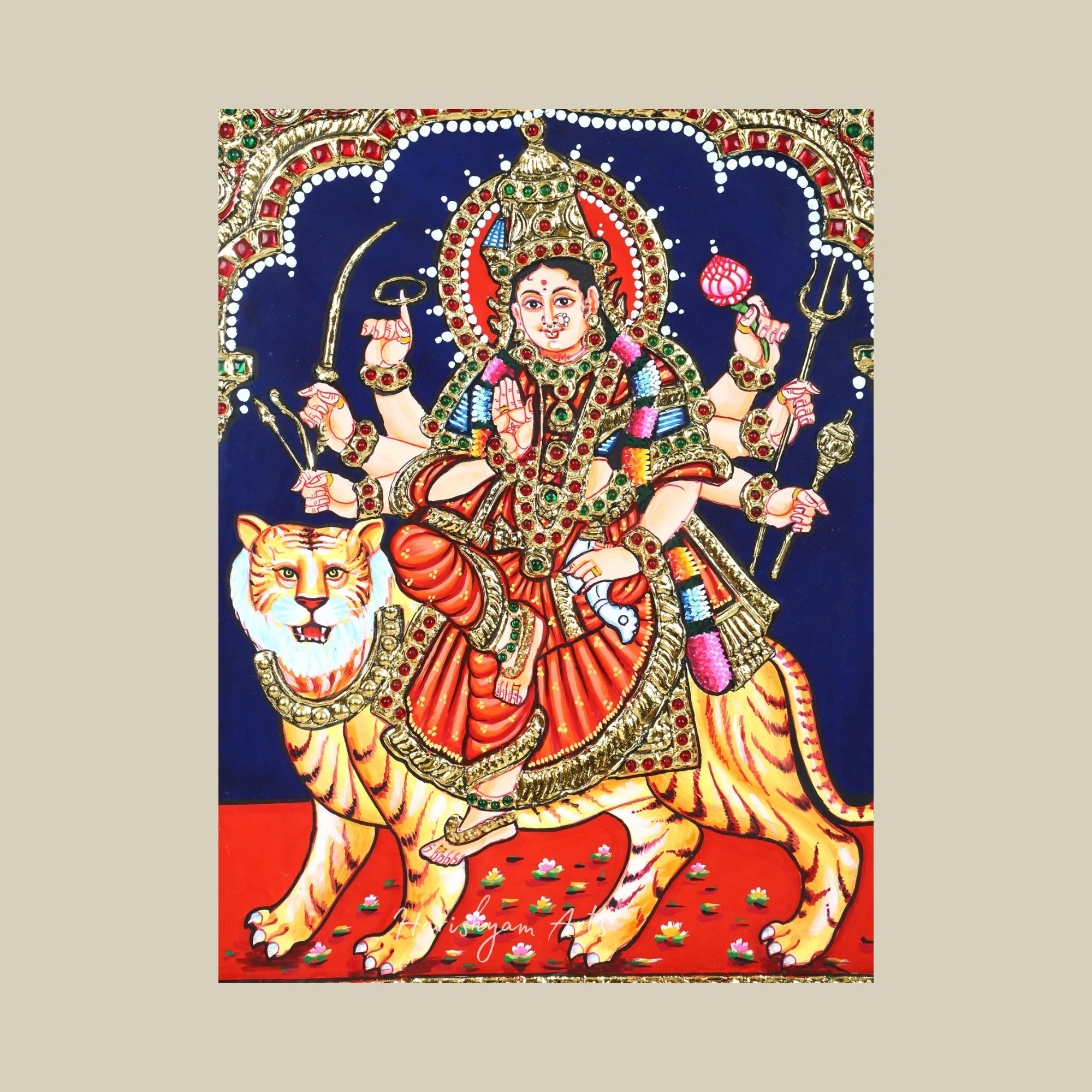 15" Sherawali Maa Durga Tanjore Painting for Puja Room in a Traditional Frame