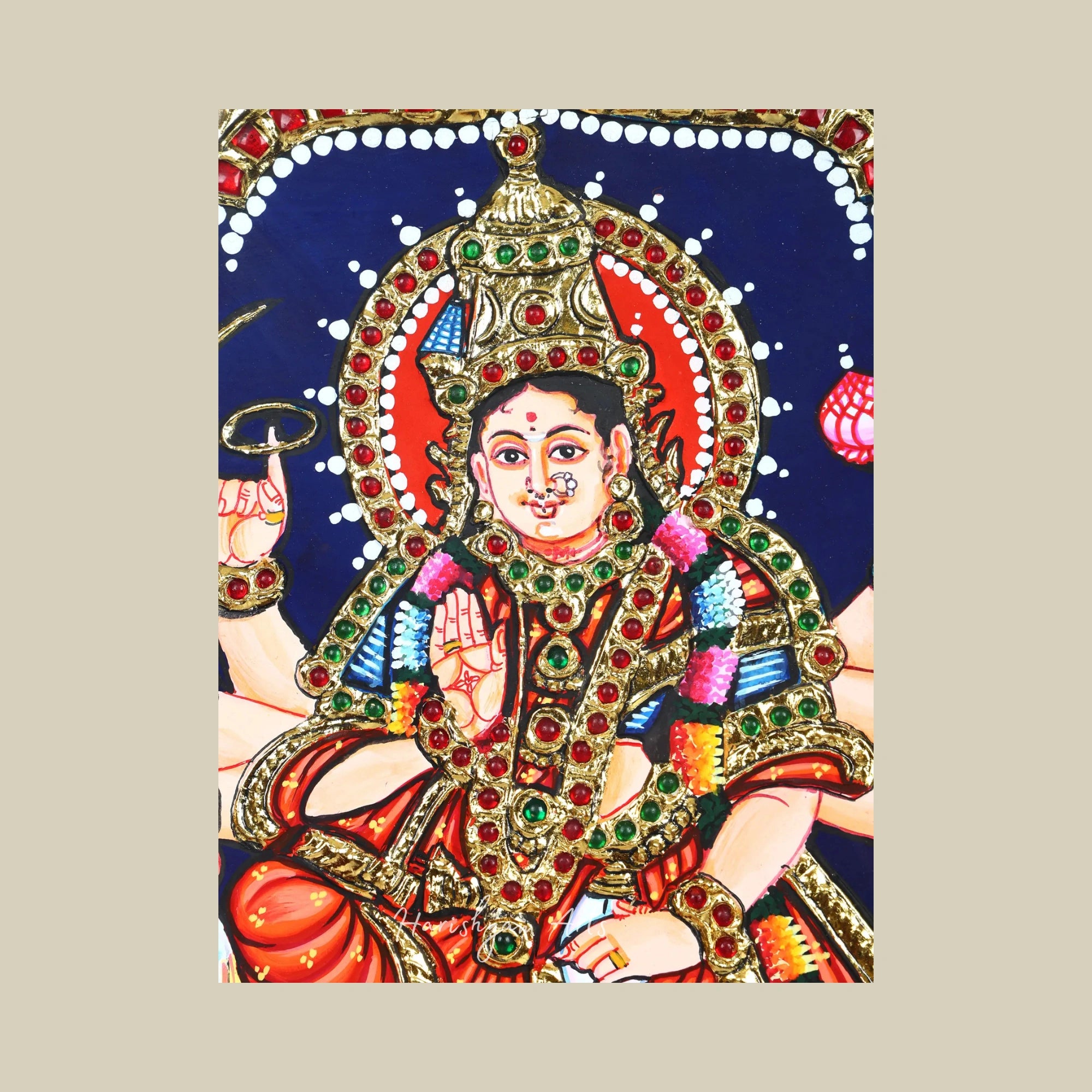 15" Sherawali Maa Durga Tanjore Painting for Puja Room in a Traditional Frame