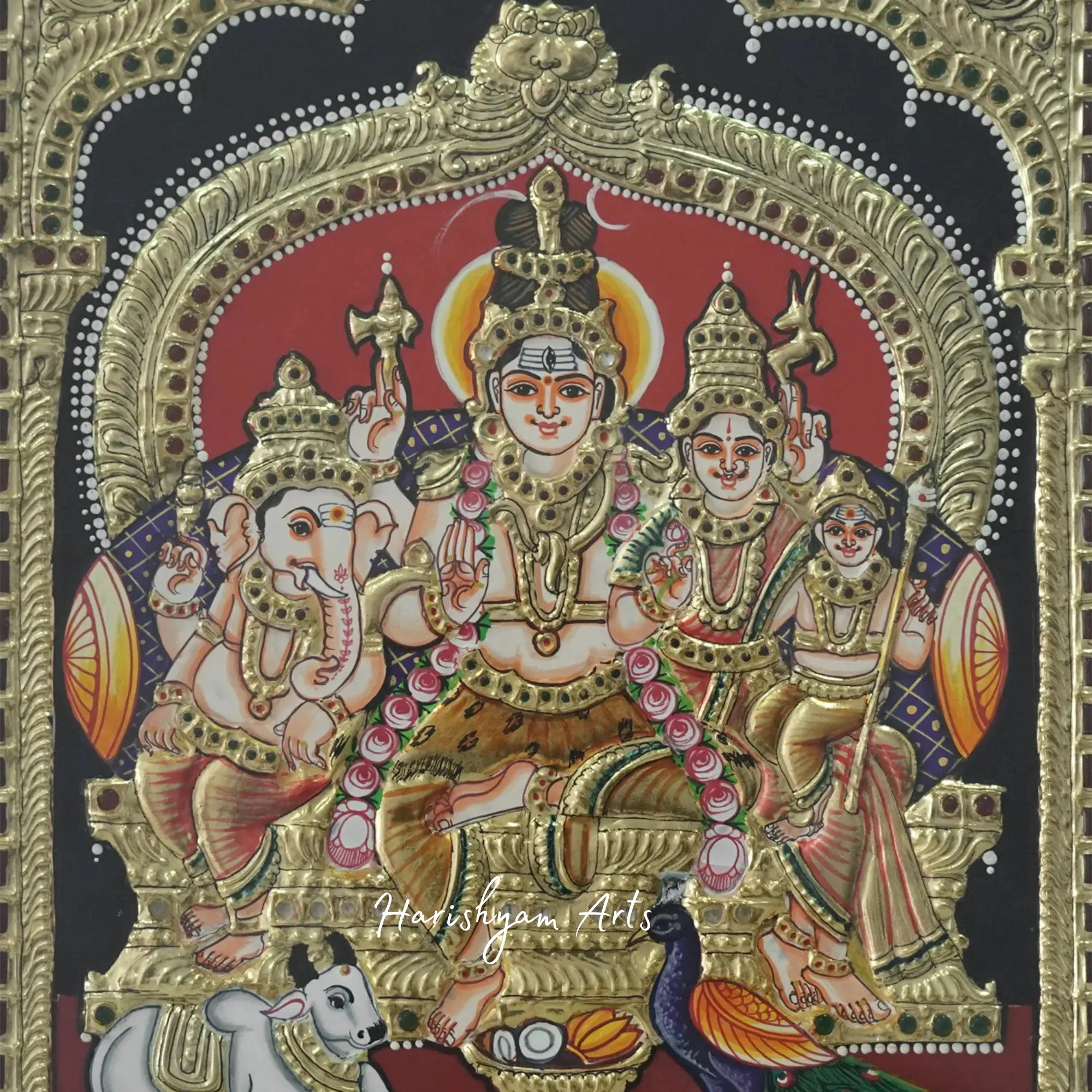 15" Shiva Parivar Tanjore Painting with 24K Gold and Traditional Colors in a Framed Design