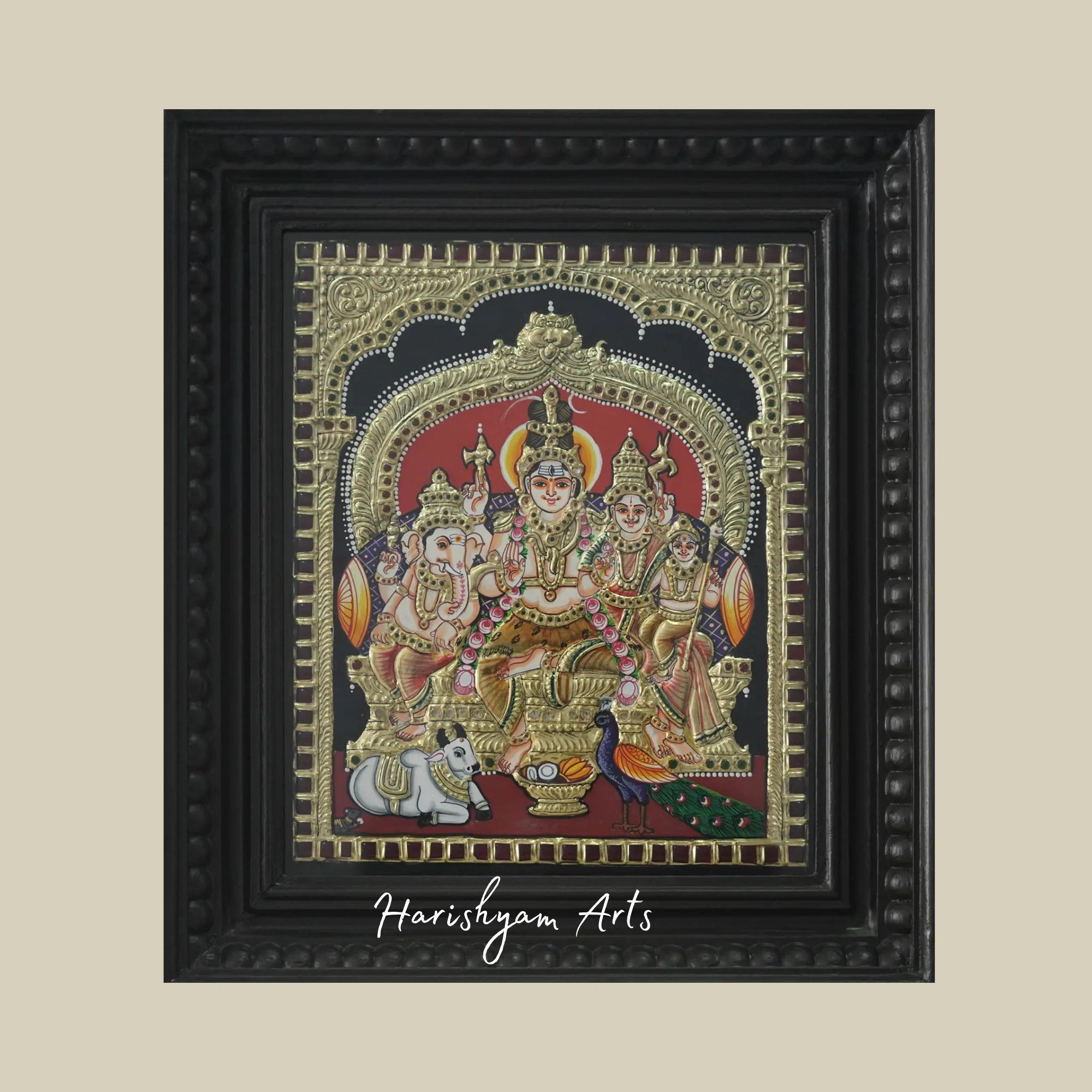 15" Shiva Parivar Tanjore Painting with 24K Gold and Traditional Colors in a Framed Design