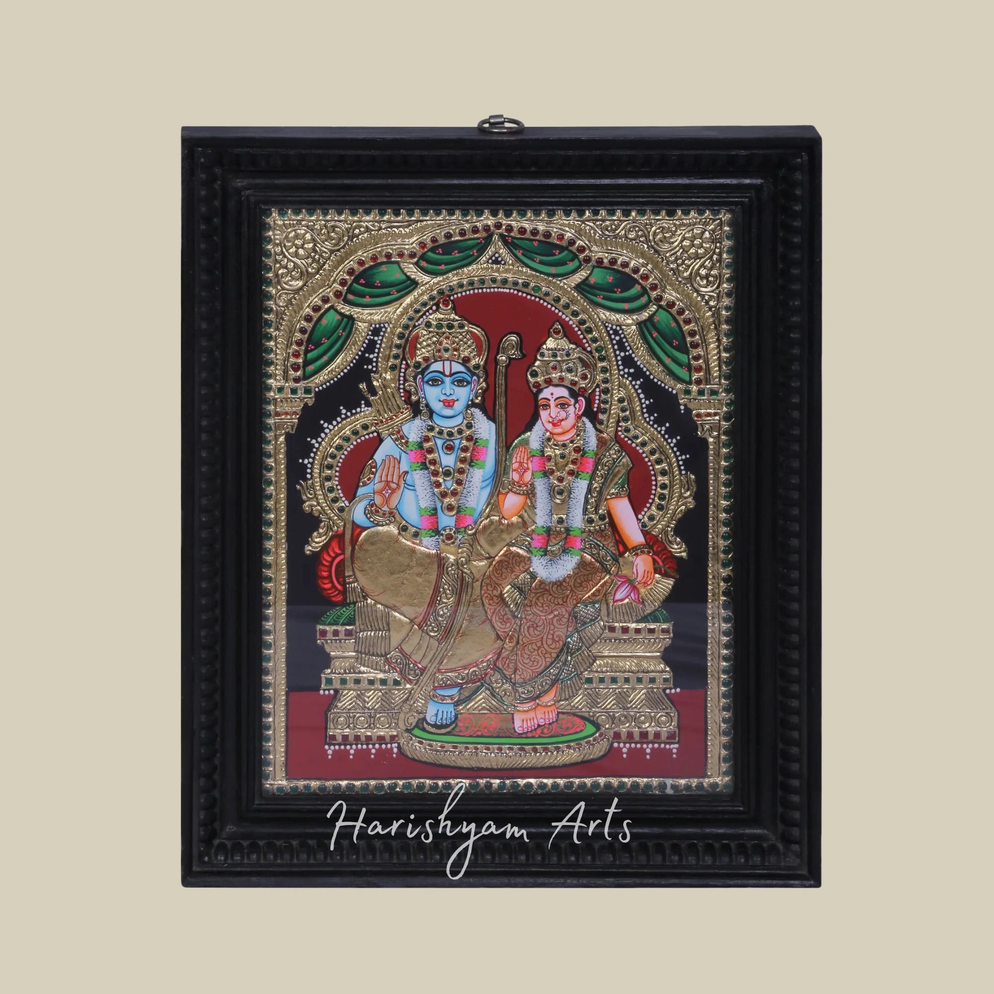 15" Shri Rama and Devi Sita Tanjore Painting in a Premium Teakwood Frame