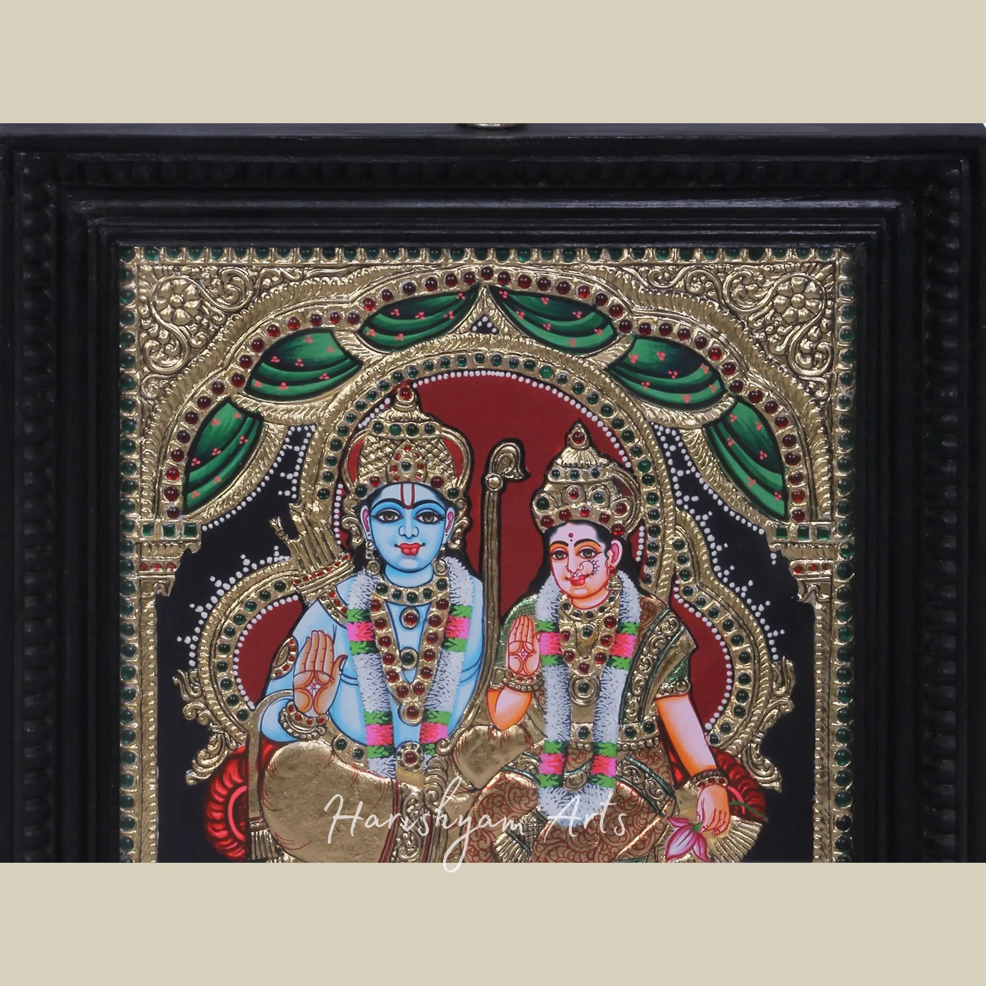 15" Shri Rama and Devi Sita Tanjore Painting in a Premium Teakwood Frame