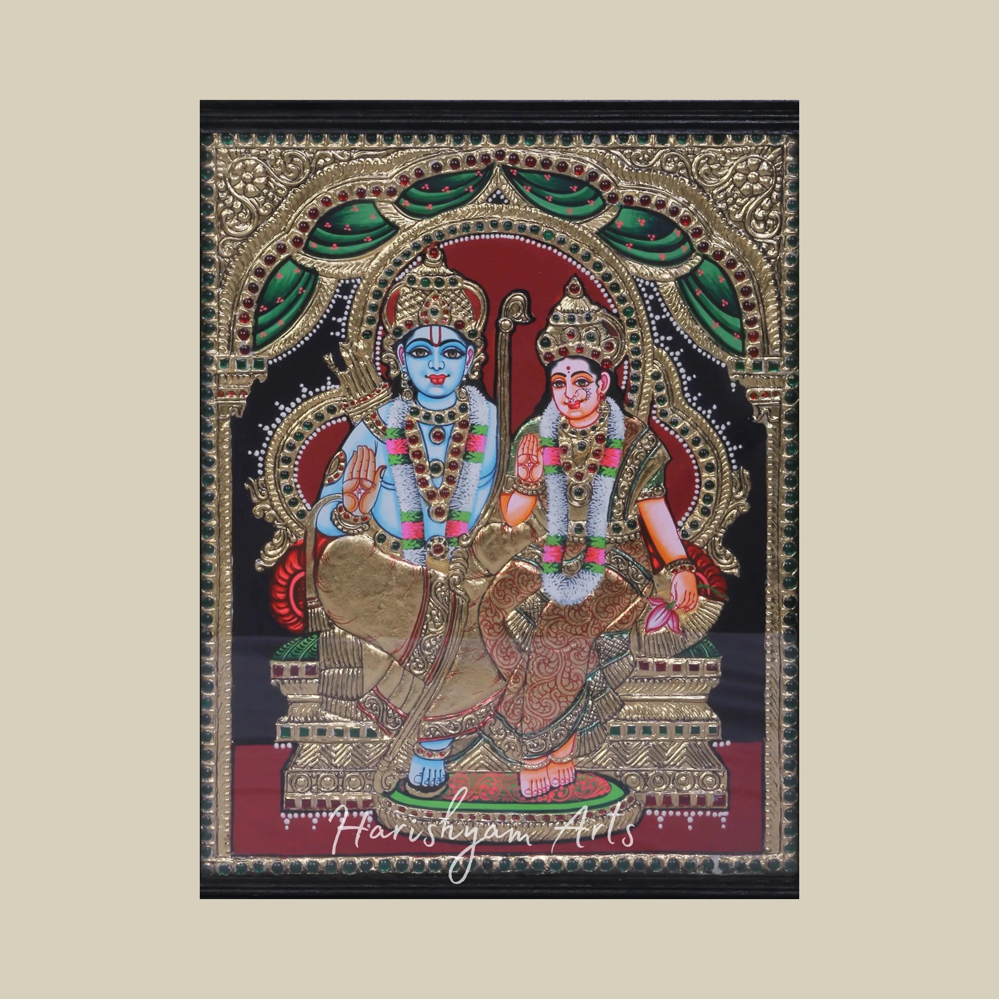 15" Shri Rama and Devi Sita Tanjore Painting in a Premium Teakwood Frame