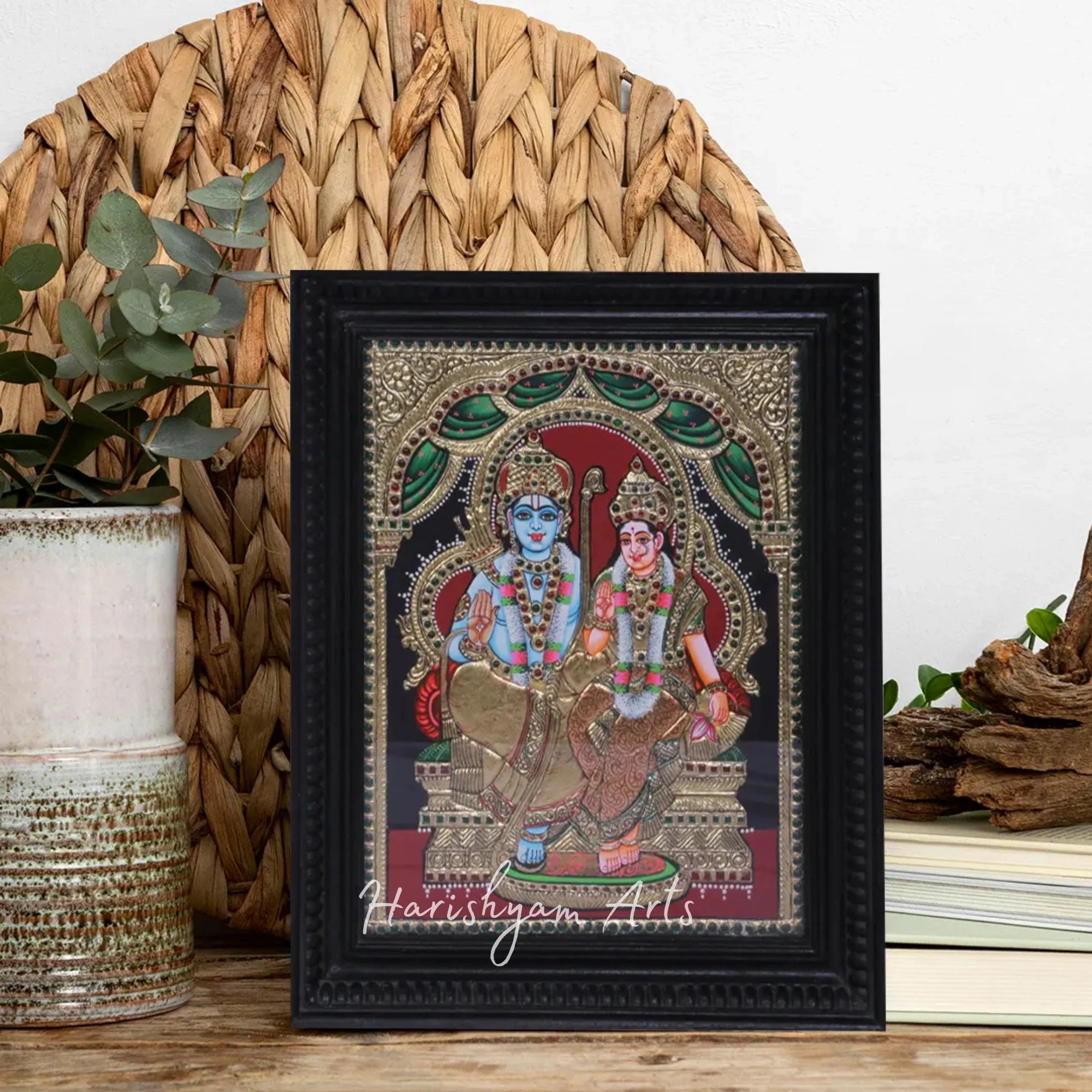 15" Shri Rama and Devi Sita Tanjore Painting in a Premium Teakwood Frame