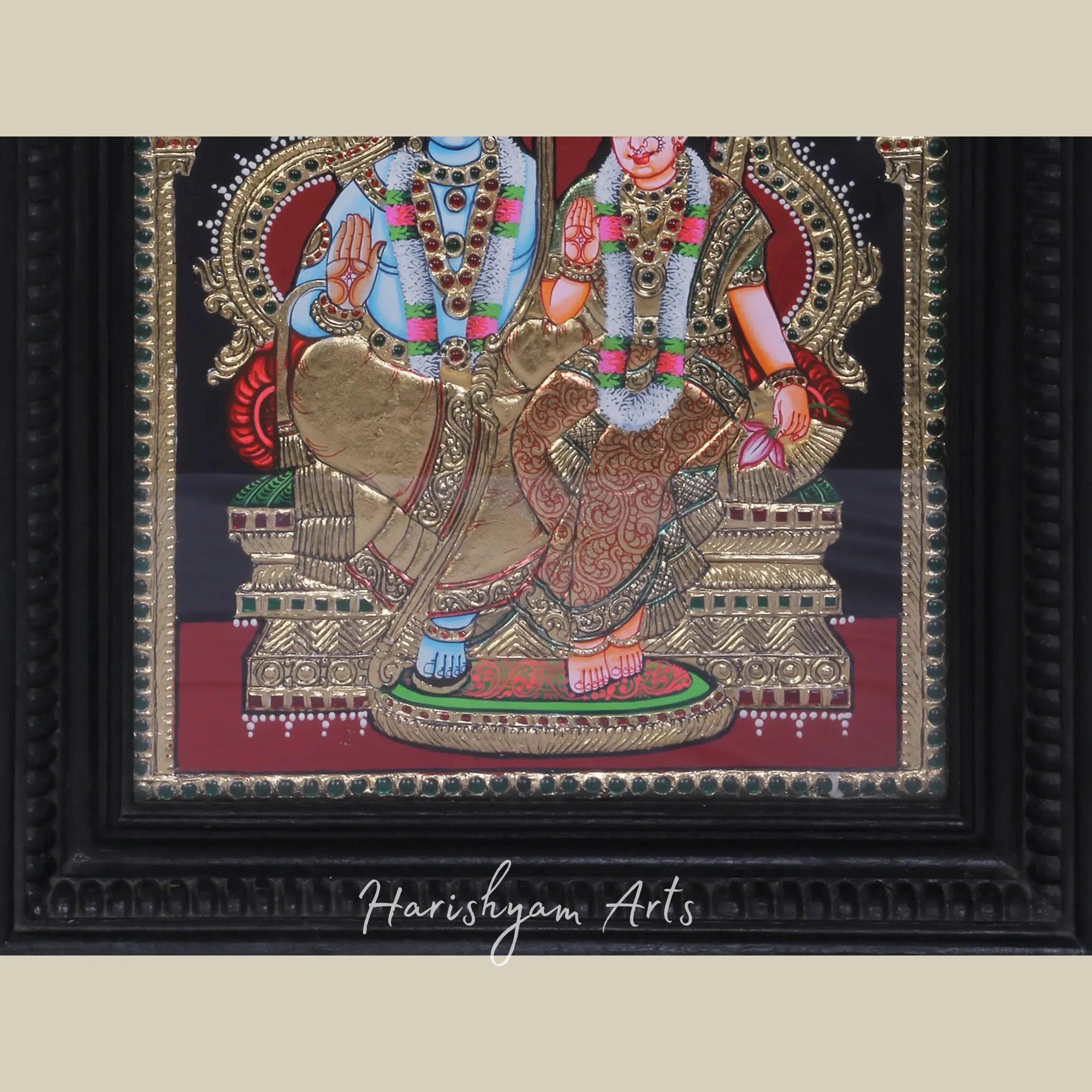 15" Shri Rama and Devi Sita Tanjore Painting in a Premium Teakwood Frame