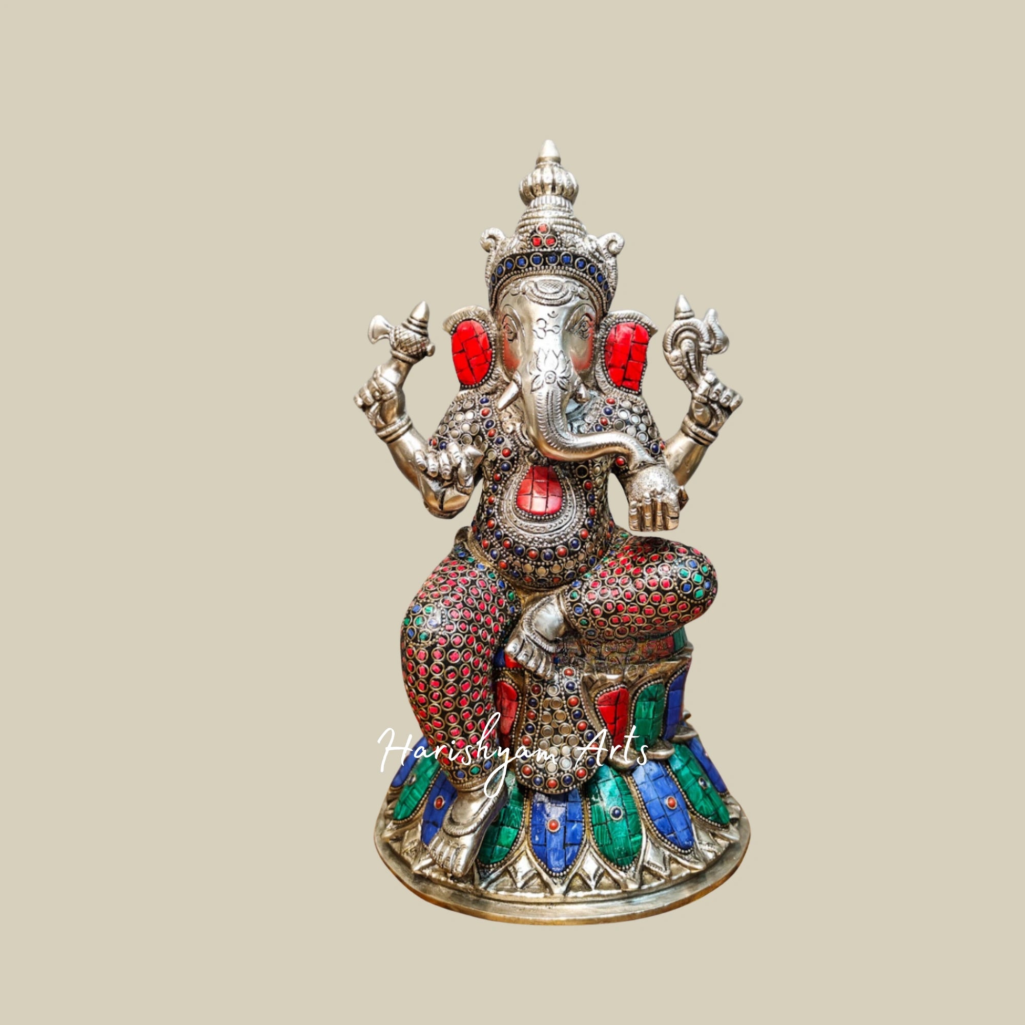 15" Silver-Plated Brass Statues of Ganesha, Lakshmi, and Saraswati for Home Temples2