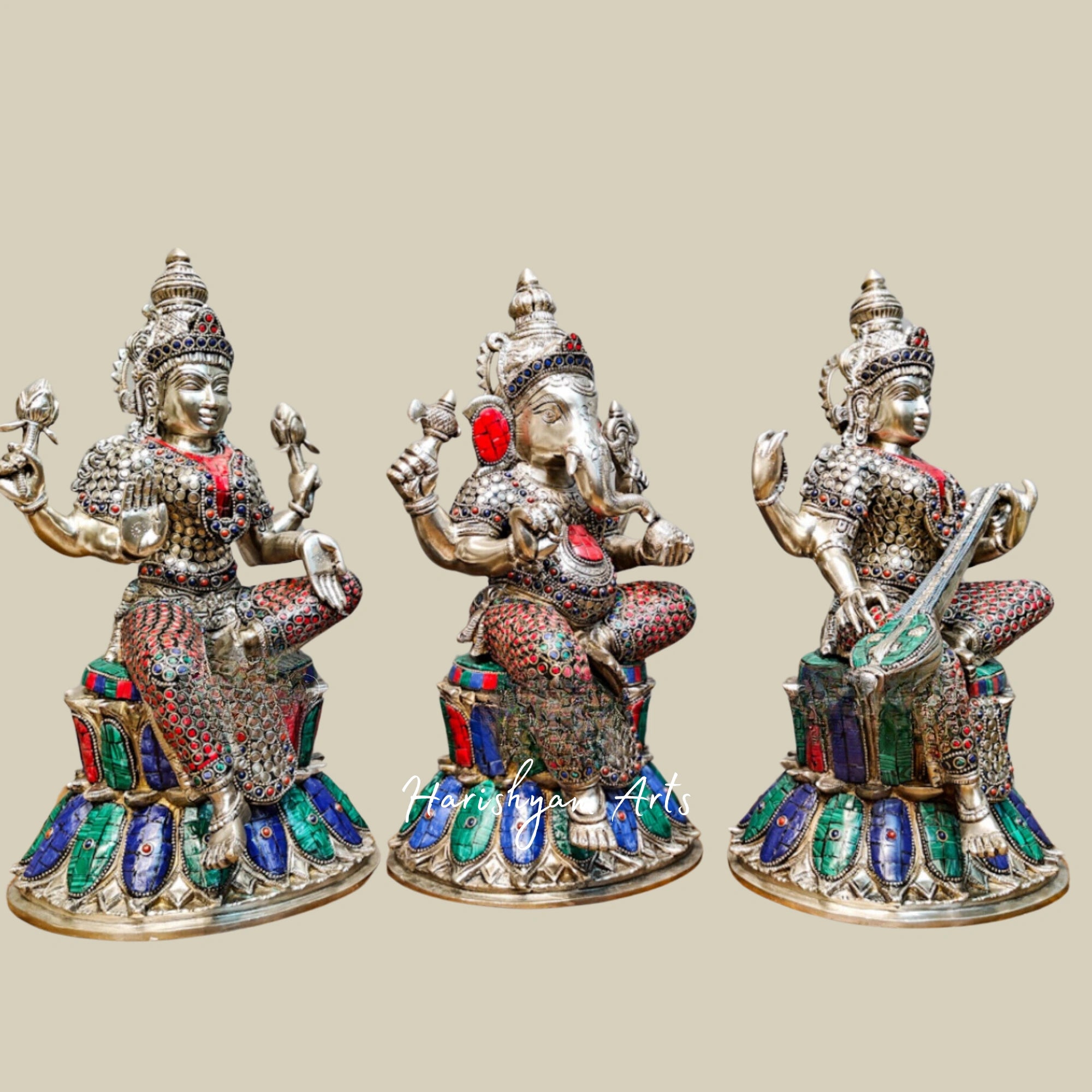 15" Silver-Plated Brass Statues of Ganesha, Lakshmi, and Saraswati for Home Temples4