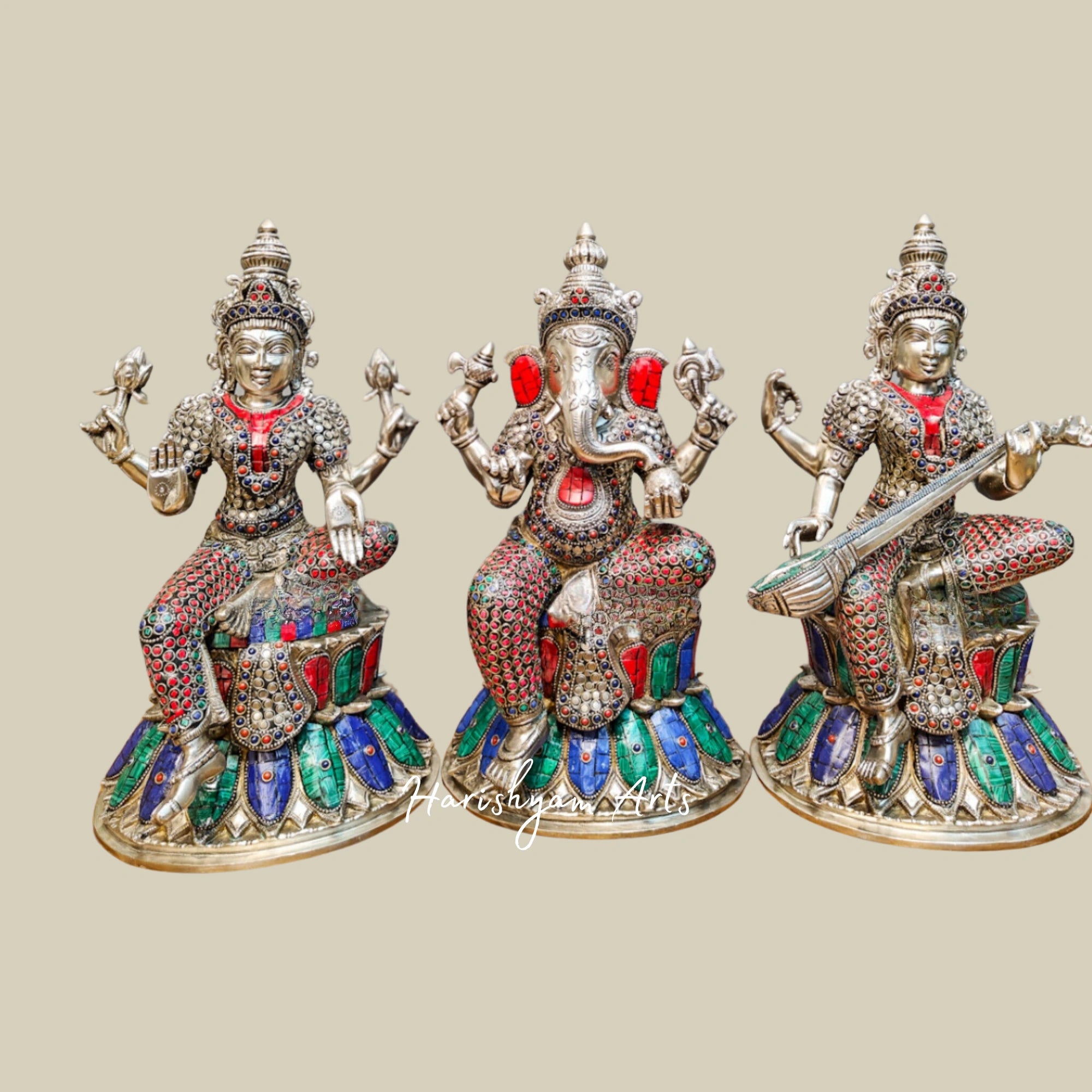 15" Silver-Plated Brass Statues of Ganesha, Lakshmi, and Saraswati for Home Temples5