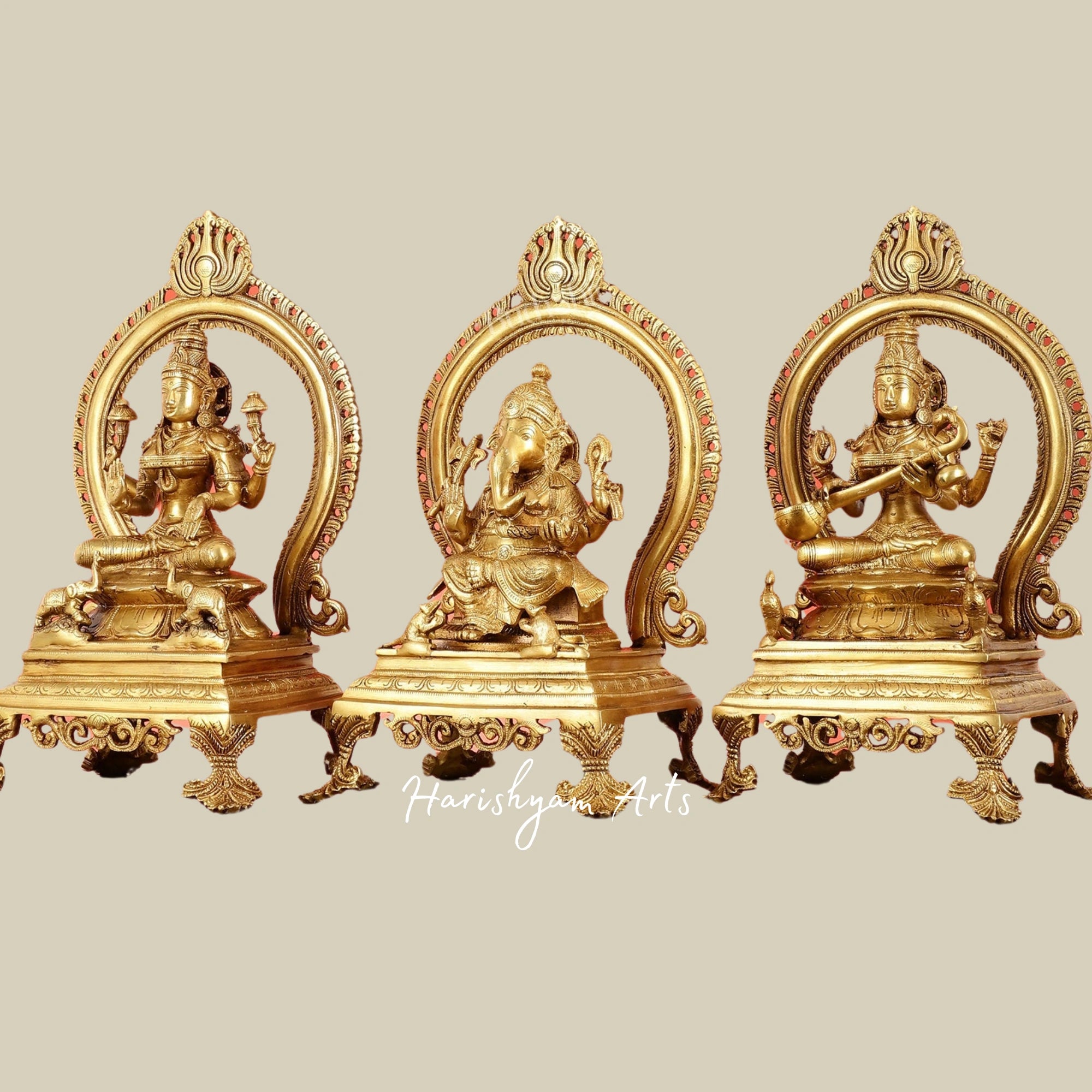 15" Superfine Brass Murti Set of Ganesh, Lakshmi, and Saraswati for Home Temple