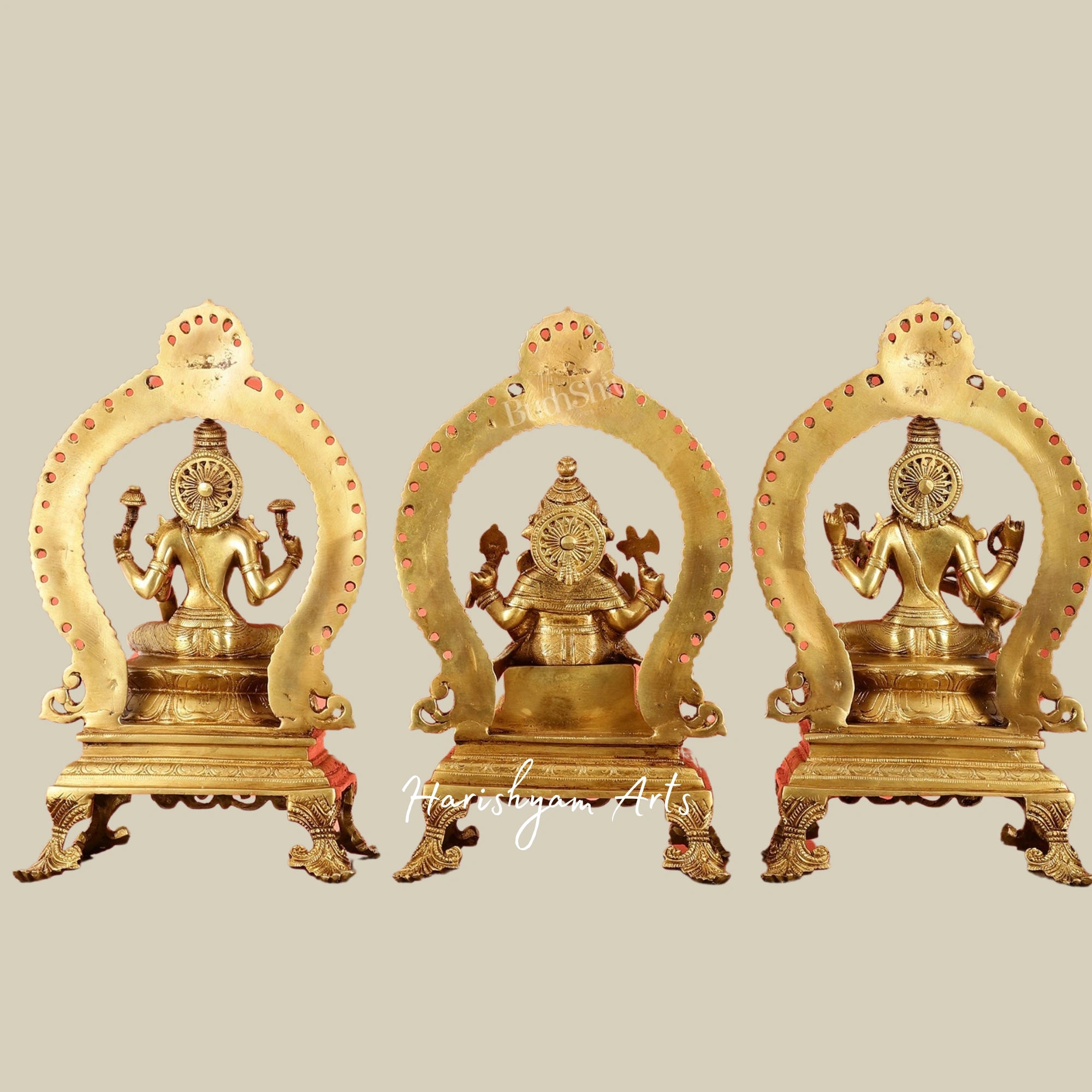 15" Superfine Brass Murti Set of Ganesh, Lakshmi, and Saraswati for Home Temple1