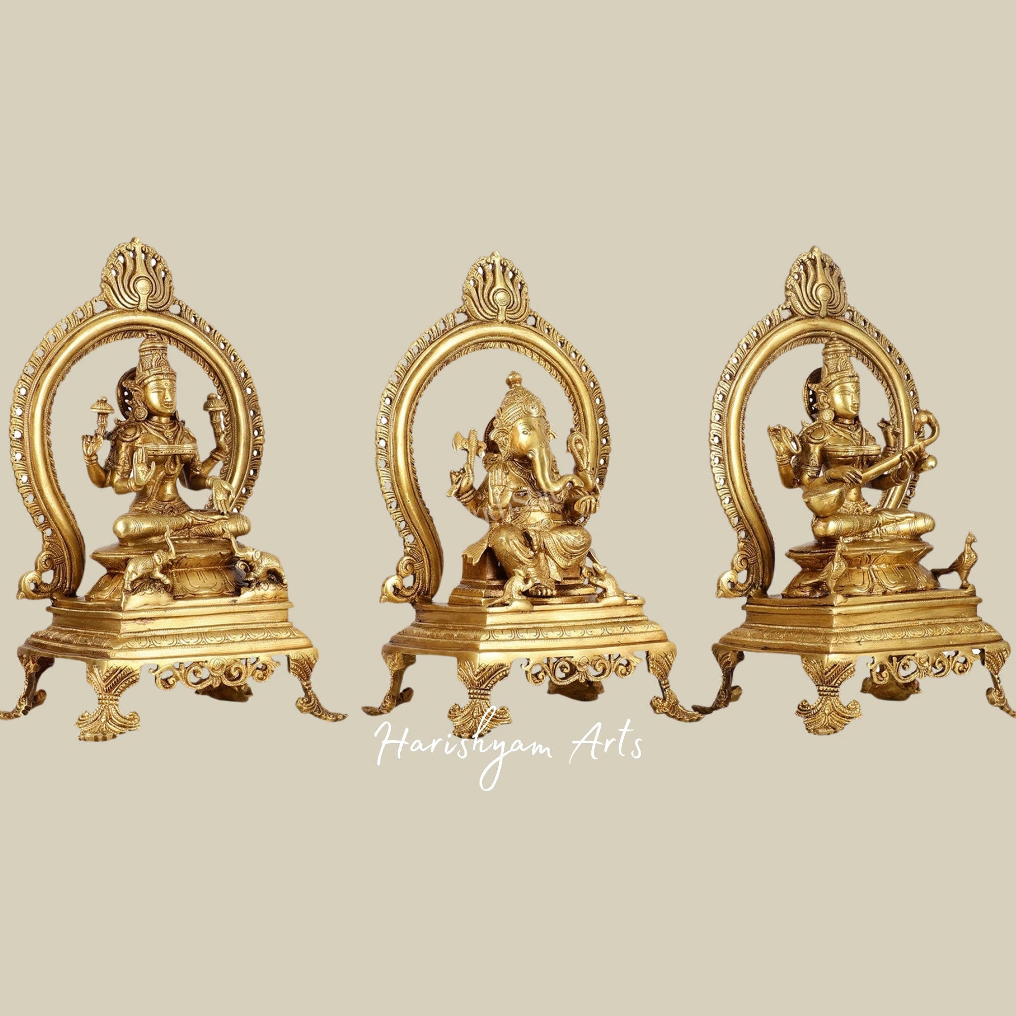 15" Superfine Brass Murti Set of Ganesh, Lakshmi, and Saraswati for Home Temple2