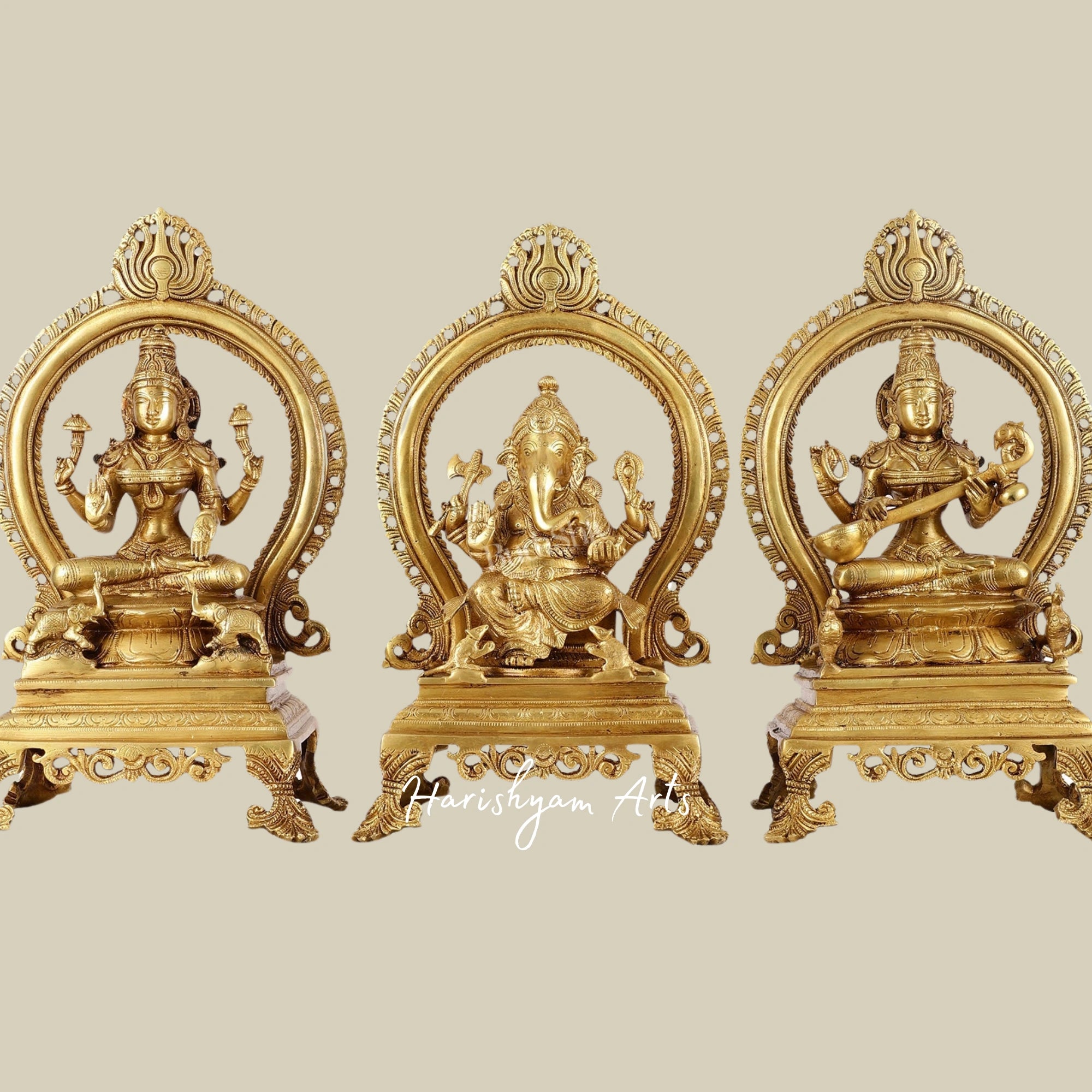 15" Superfine Brass Murti Set of Ganesh, Lakshmi, and Saraswati for Home Temple3