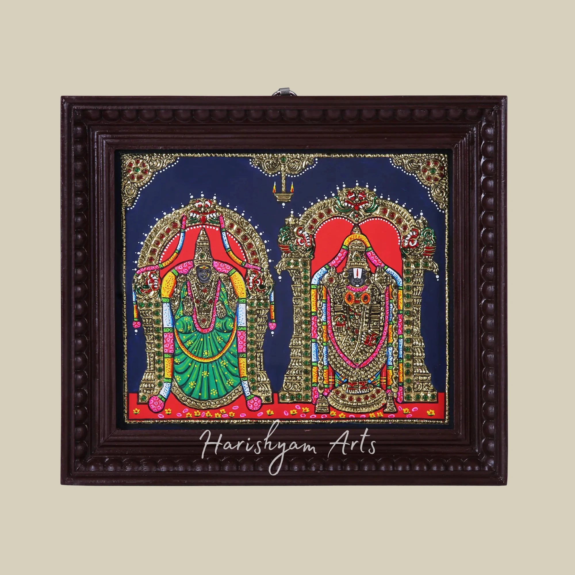 15" Tanjore Painting of Tirupati Balaji and Goddess Padmavathi with Teak Wood Frame