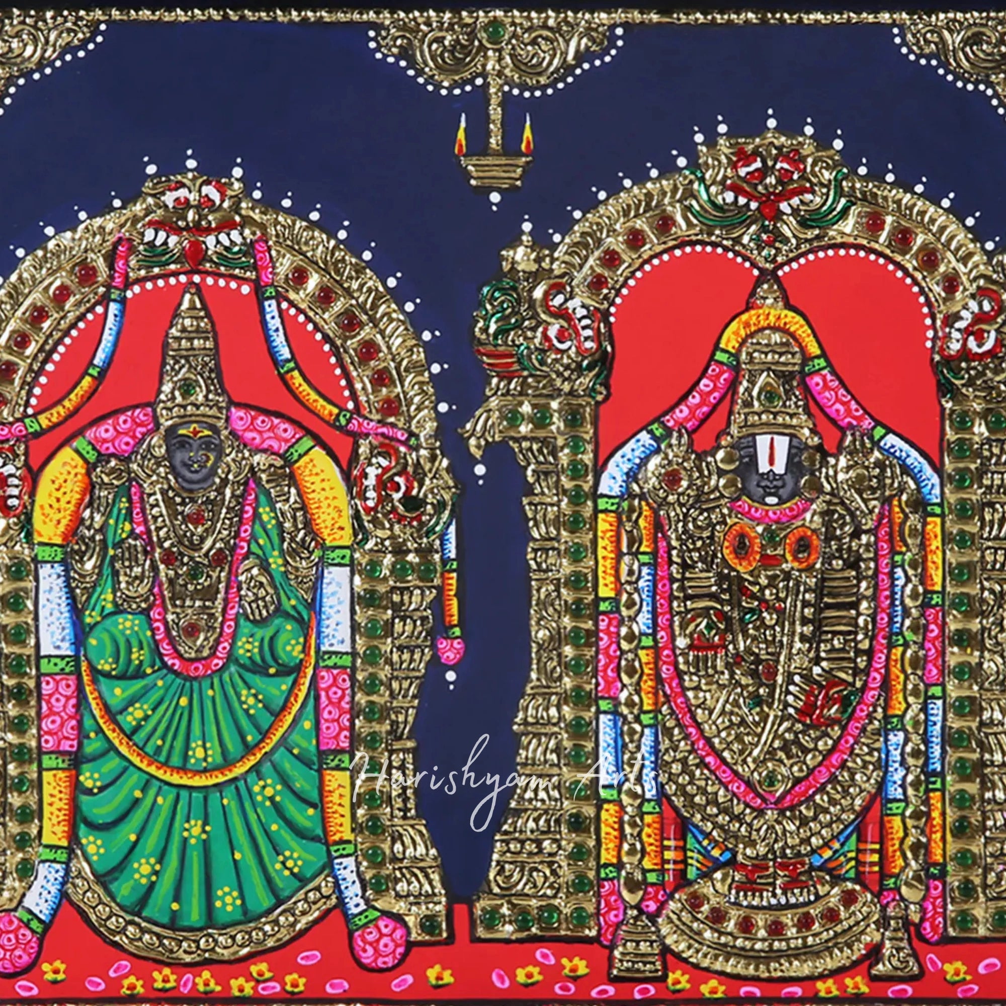 15" Tanjore Painting of Tirupati Balaji and Goddess Padmavathi with Teak Wood Frame