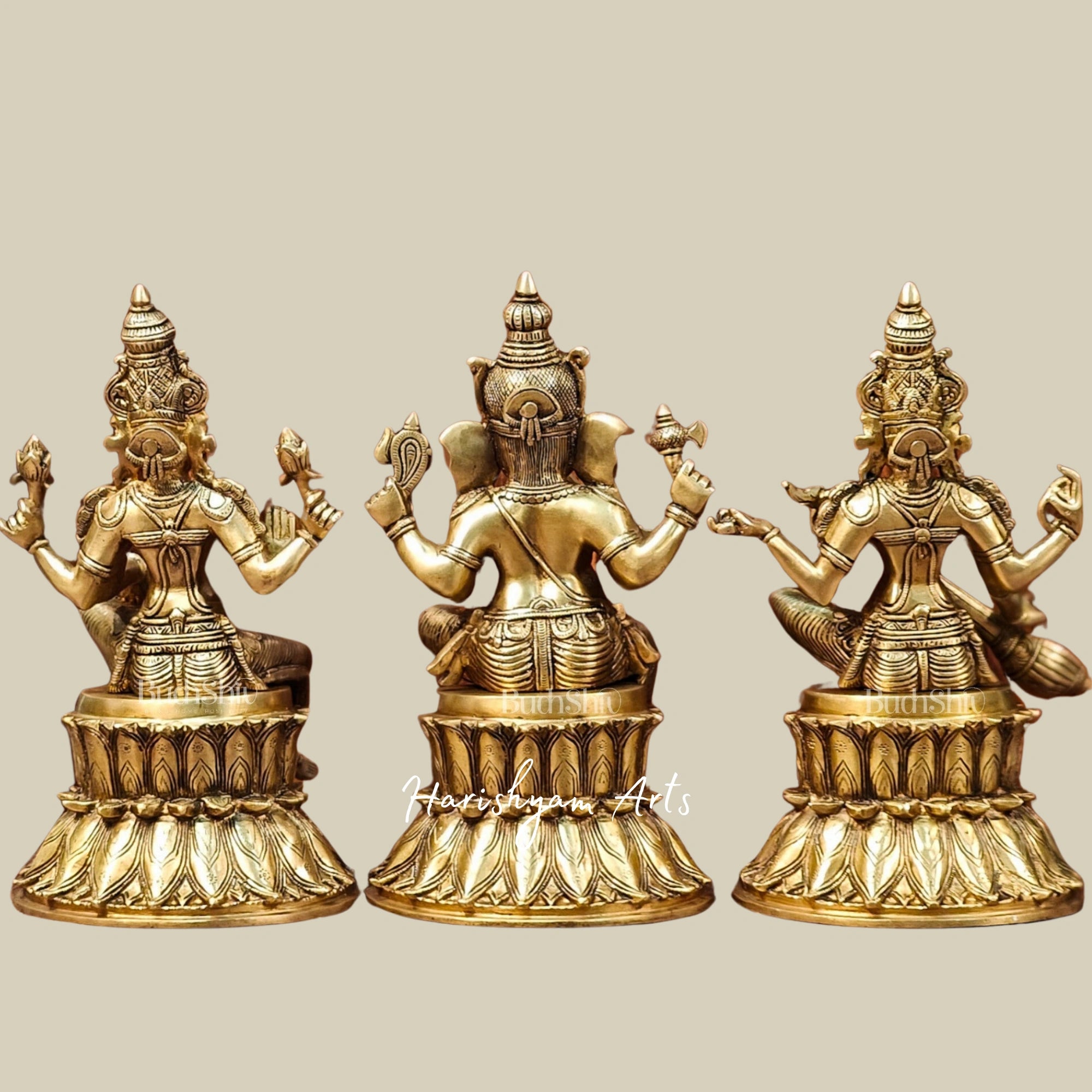 15" Traditional Brass Idol Trio of Ganesha, Lakshmi, and Saraswati for Mandir