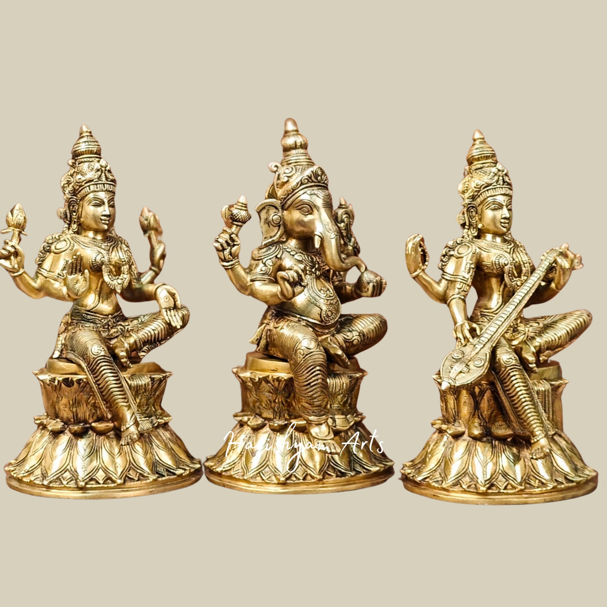 15" Traditional Brass Idol Trio of Ganesha, Lakshmi, and Saraswati for Mandir