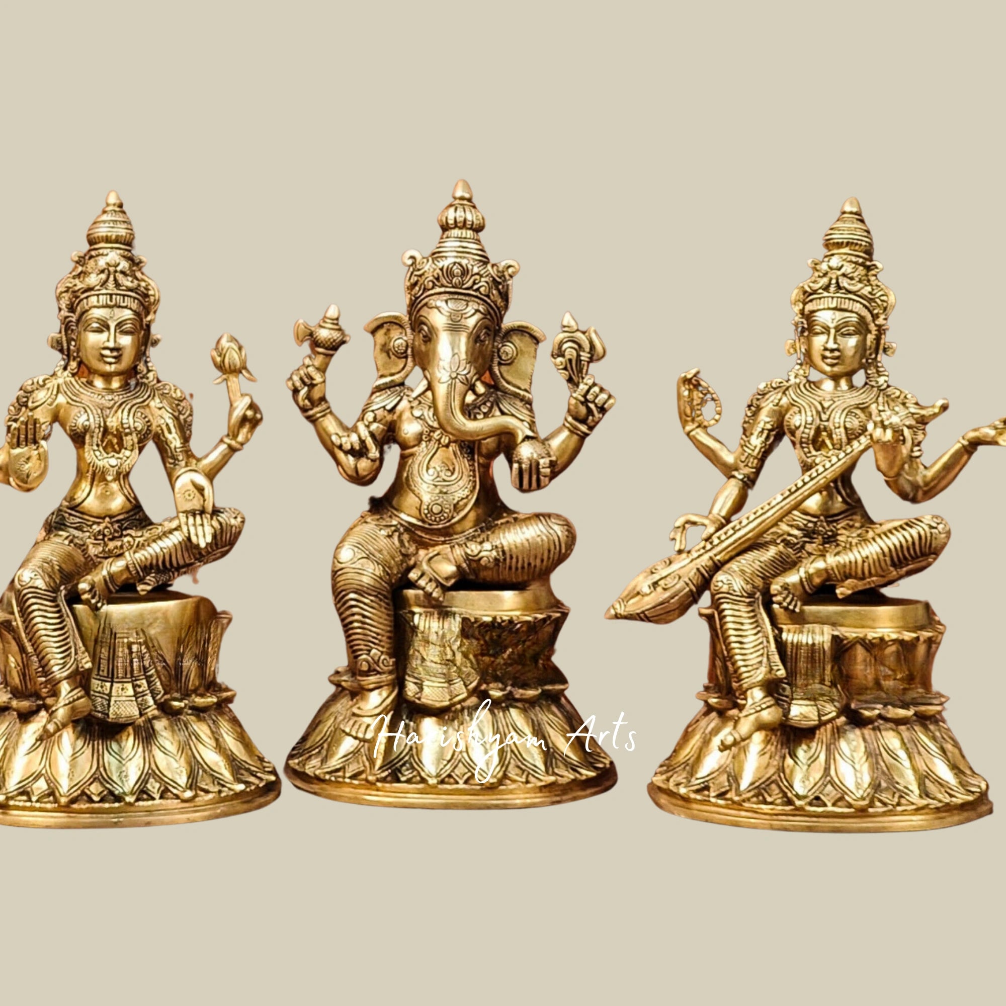 15" Traditional Brass Idol Trio of Ganesha, Lakshmi, and Saraswati for Mandir