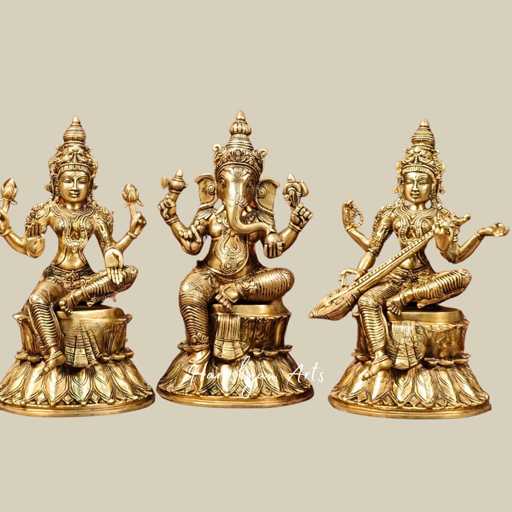 15" Traditional Brass Idol Trio of Ganesha, Lakshmi, and Saraswati for Mandir