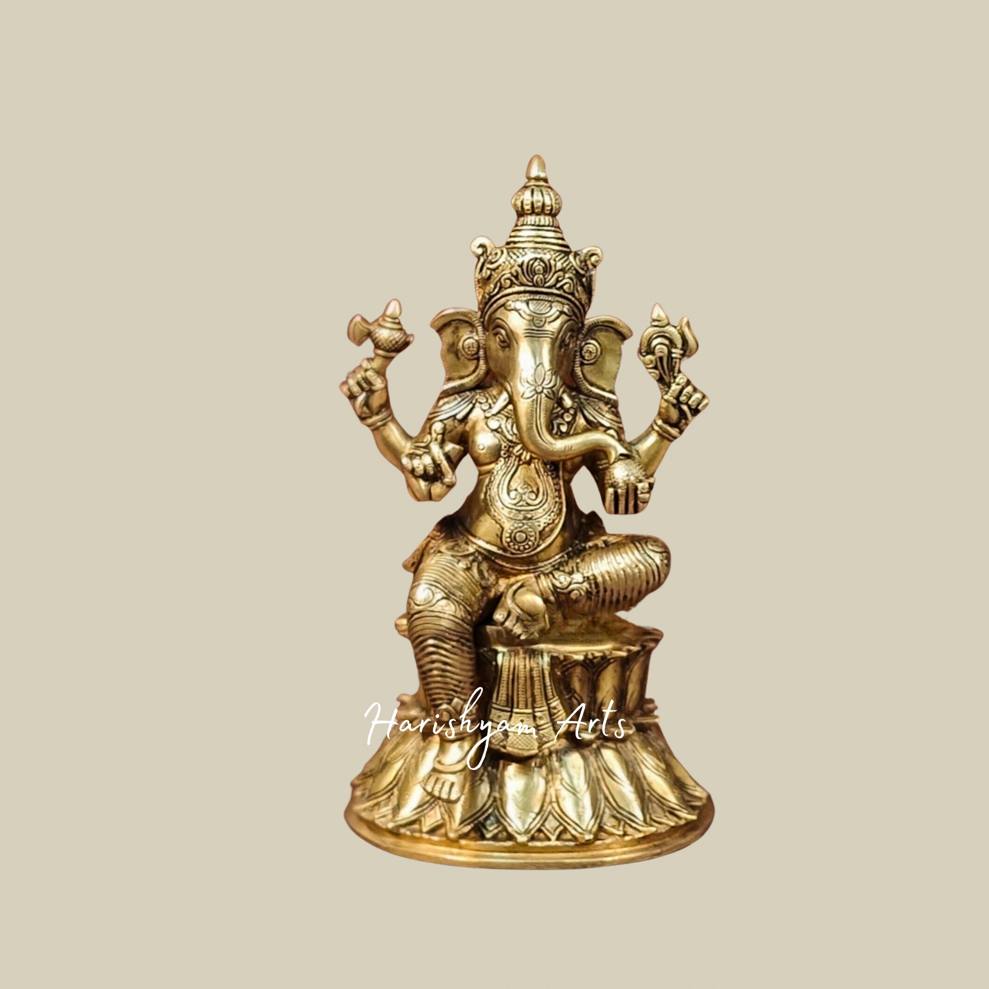 15" Traditional Brass Idol Trio of Ganesha, Lakshmi, and Saraswati for Mandir