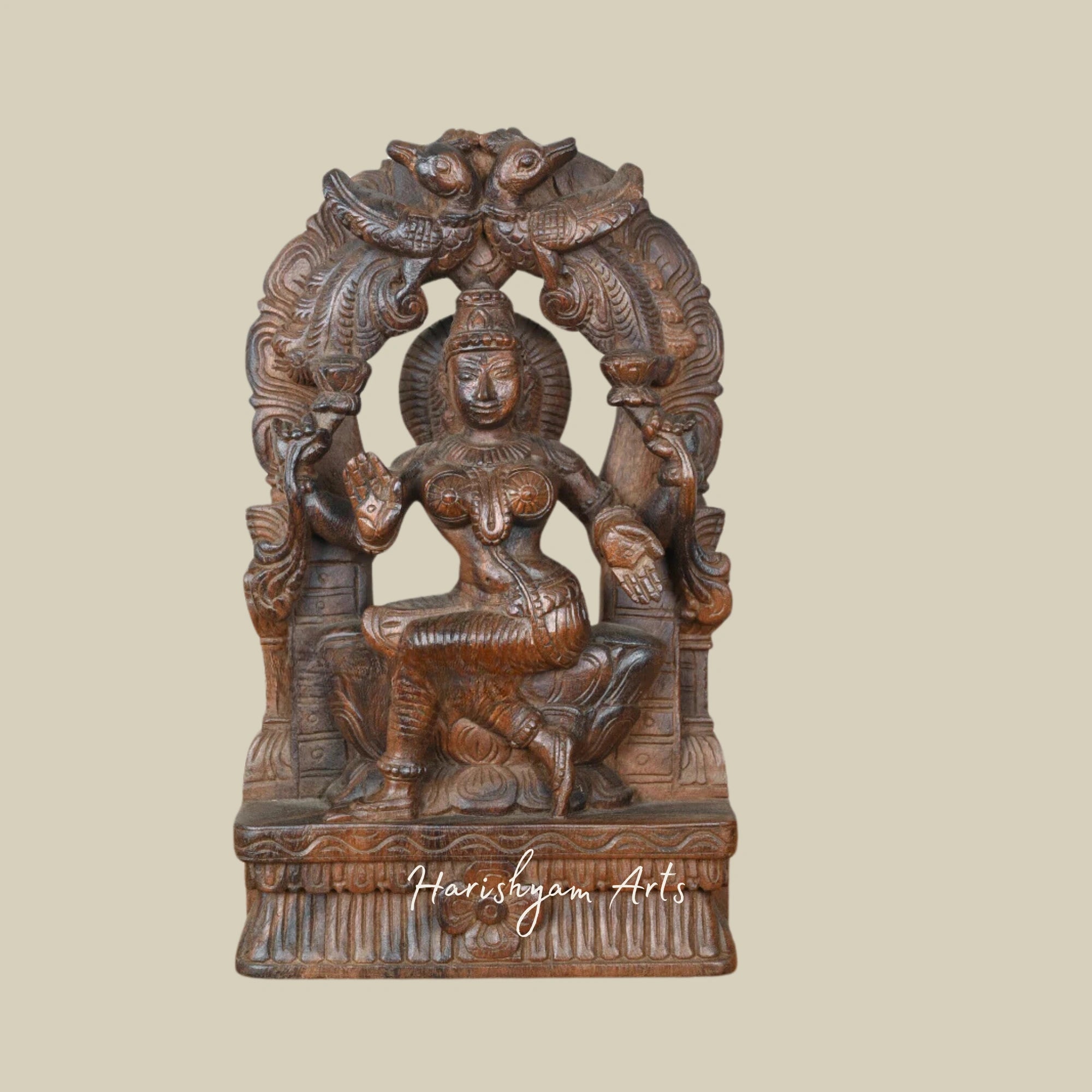 15" Traditional Wooden Lakshmi Statue with Blessing Arch and Parrot Design Wall Mount