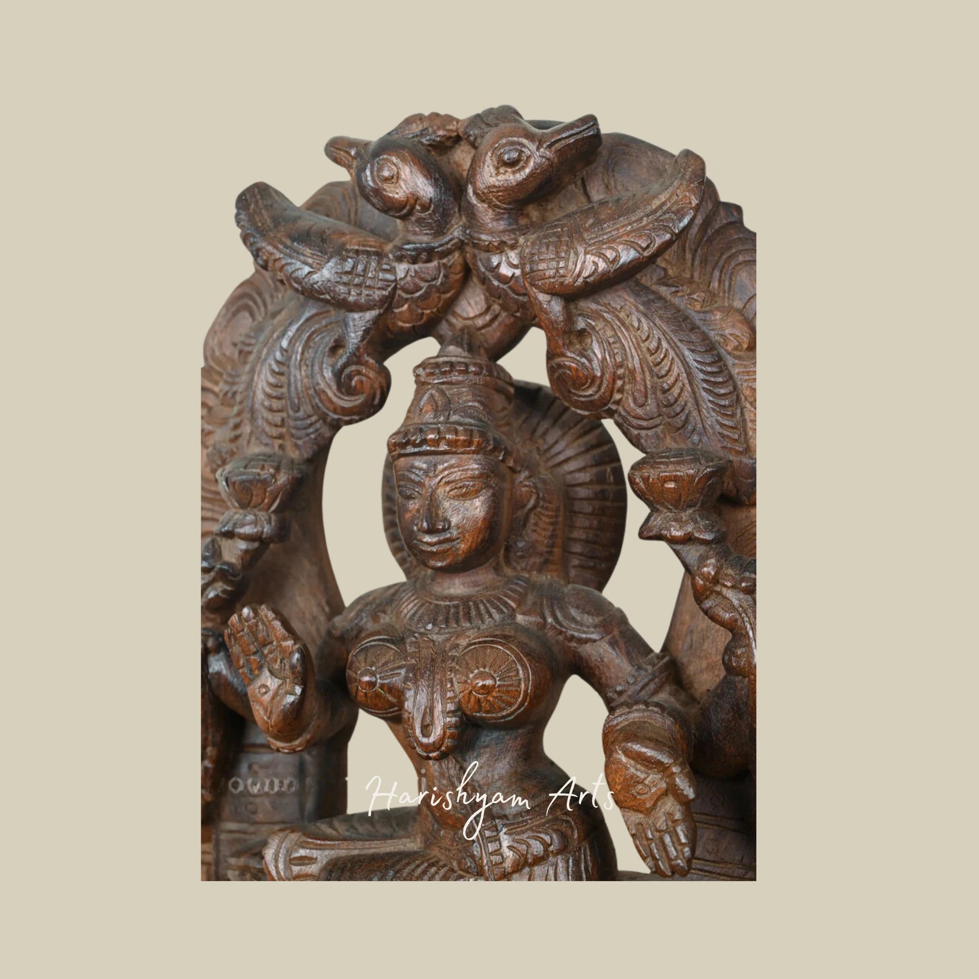 15" Traditional Wooden Lakshmi Statue with Blessing Arch and Parrot Design Wall Mount1