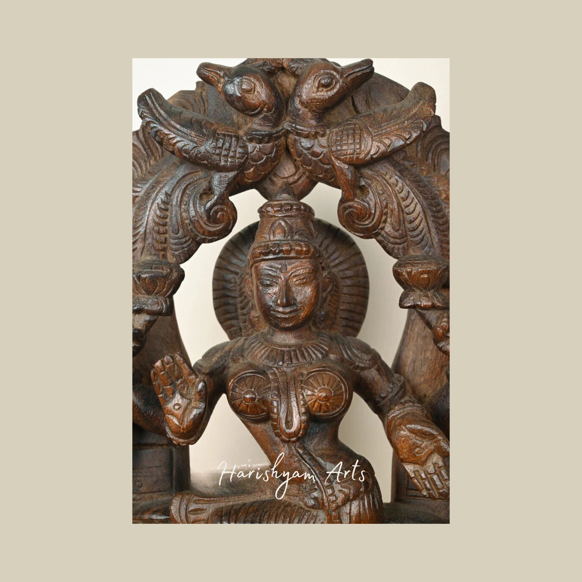 15" Traditional Wooden Lakshmi Statue with Blessing Arch and Parrot Design Wall Mount2