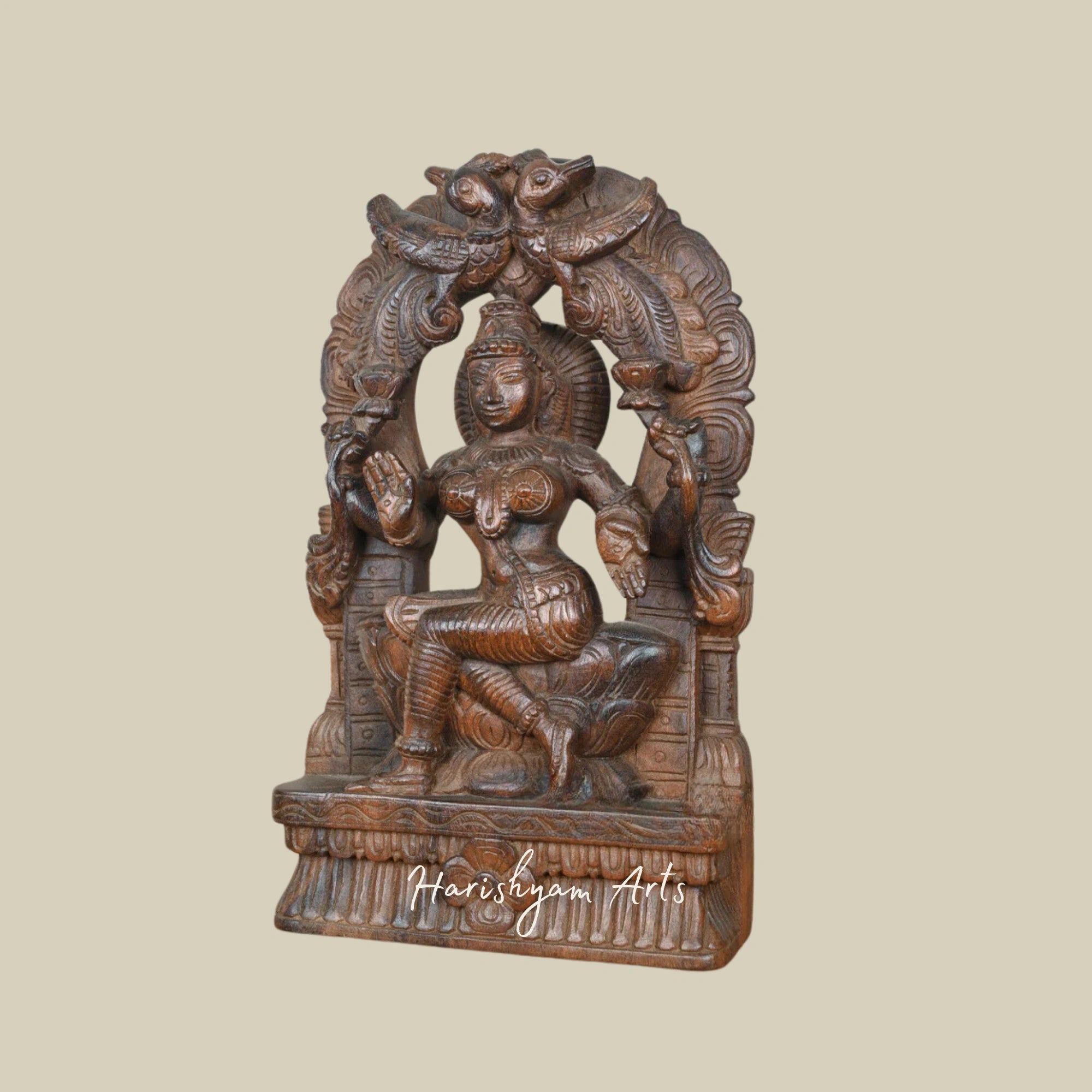 15" Traditional Wooden Lakshmi Statue with Blessing Arch and Parrot Design Wall Mount3