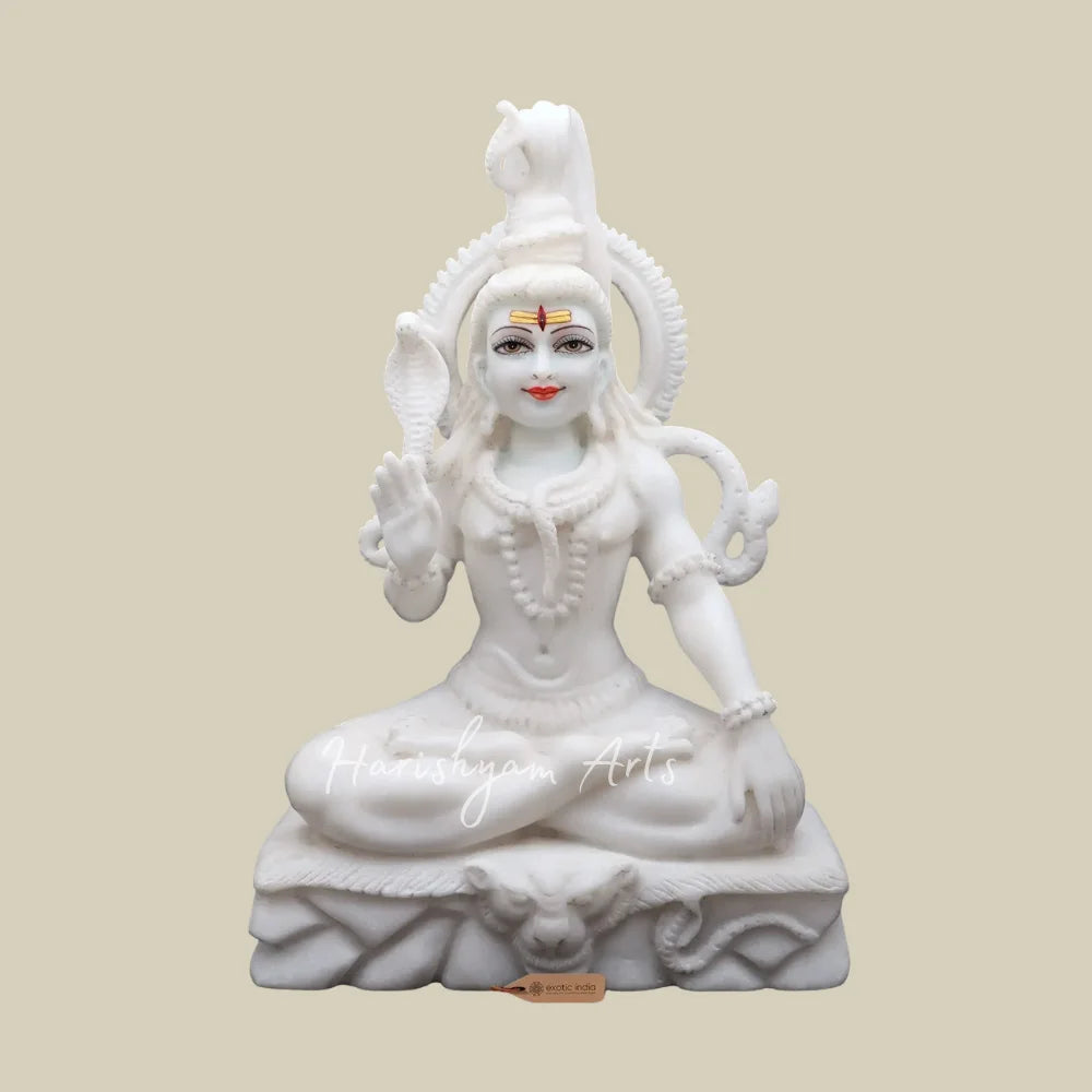 15" White Marble Lord Shiva Statue in Meditating Pose with Nandi and Trishul Design
