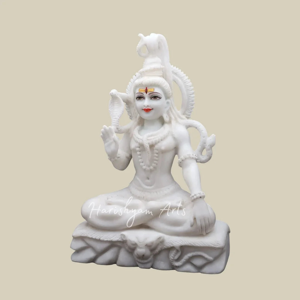 15" White Marble Lord Shiva Statue in Meditating Pose with Nandi and Trishul Design