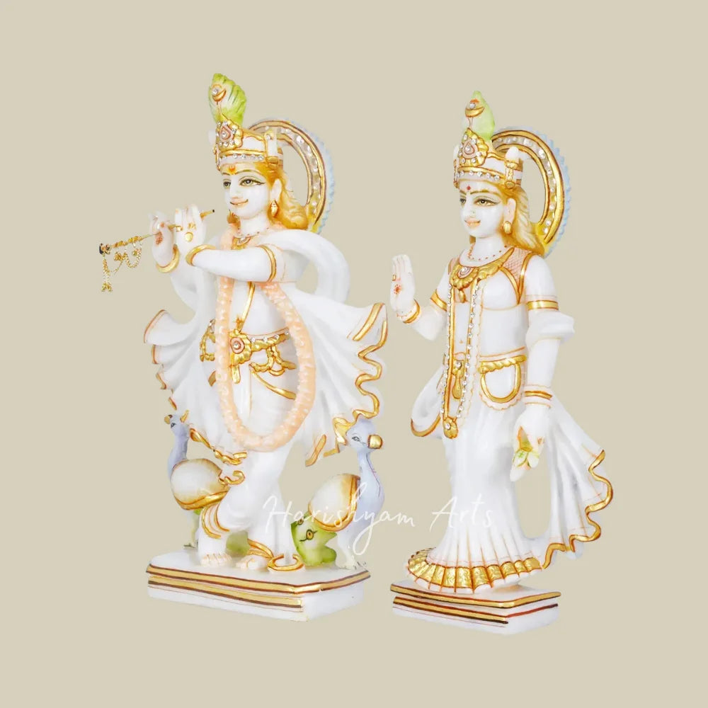 15" White Marble Radha Krishna Murti Set with Flowing Robes Golden Accents and Peacock Details