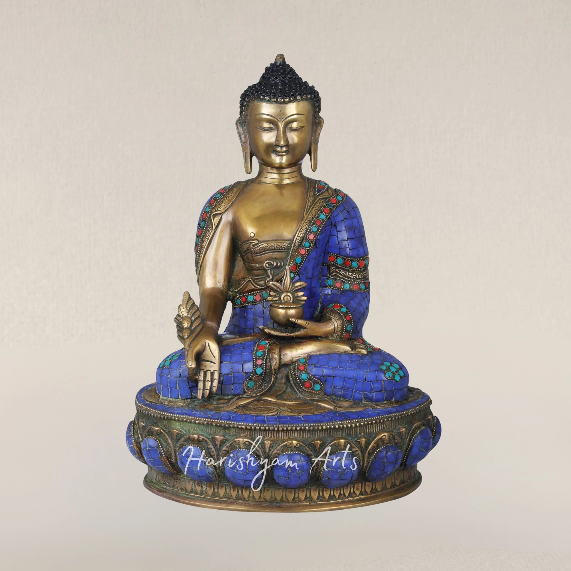 15" Tibetan Buddhist Healing Buddha Statue in Brass with Lapis Stone Finish