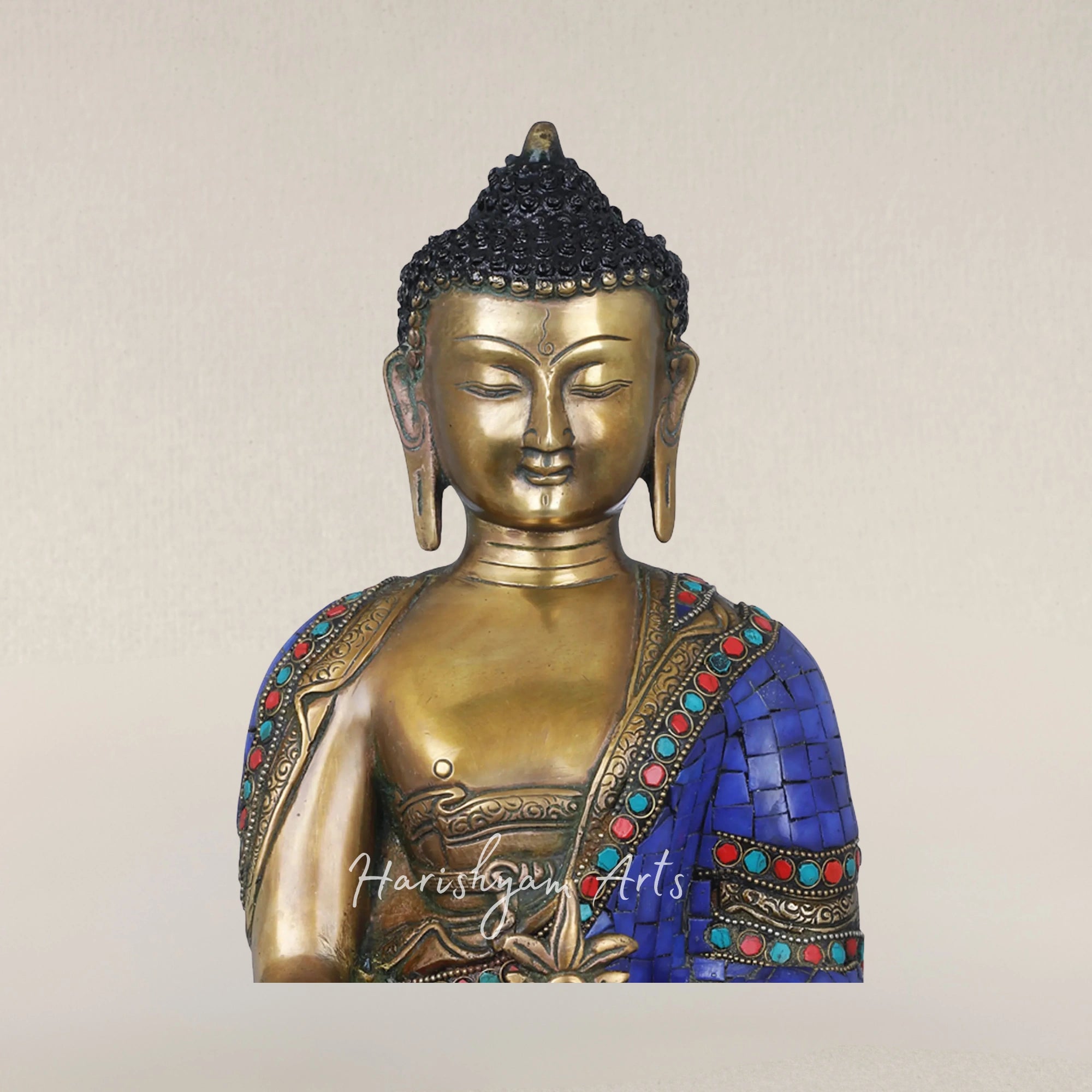 15" Tibetan Buddhist Healing Buddha Statue in Brass with Lapis Stone Finish