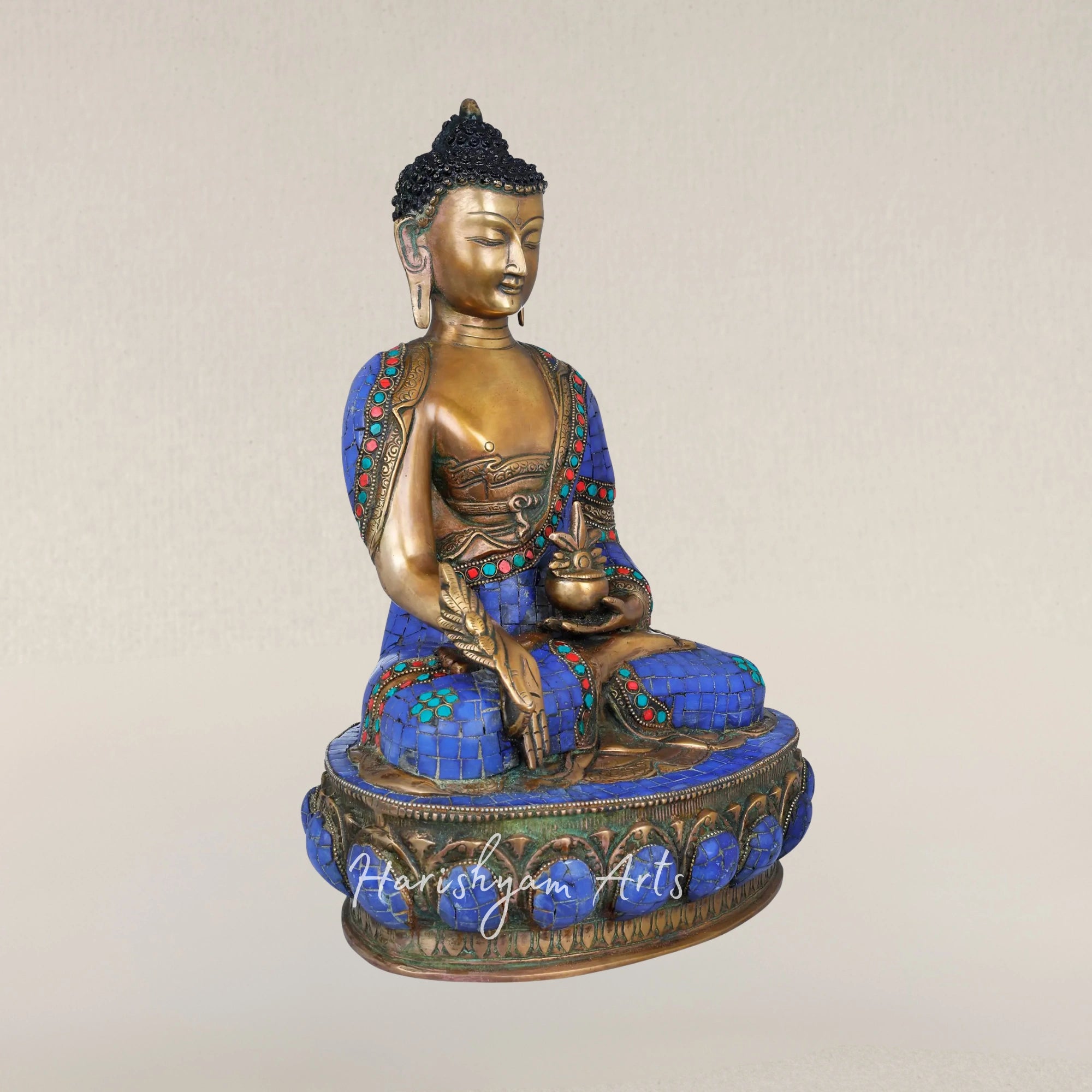 15" Tibetan Buddhist Healing Buddha Statue in Brass with Lapis Stone Finish