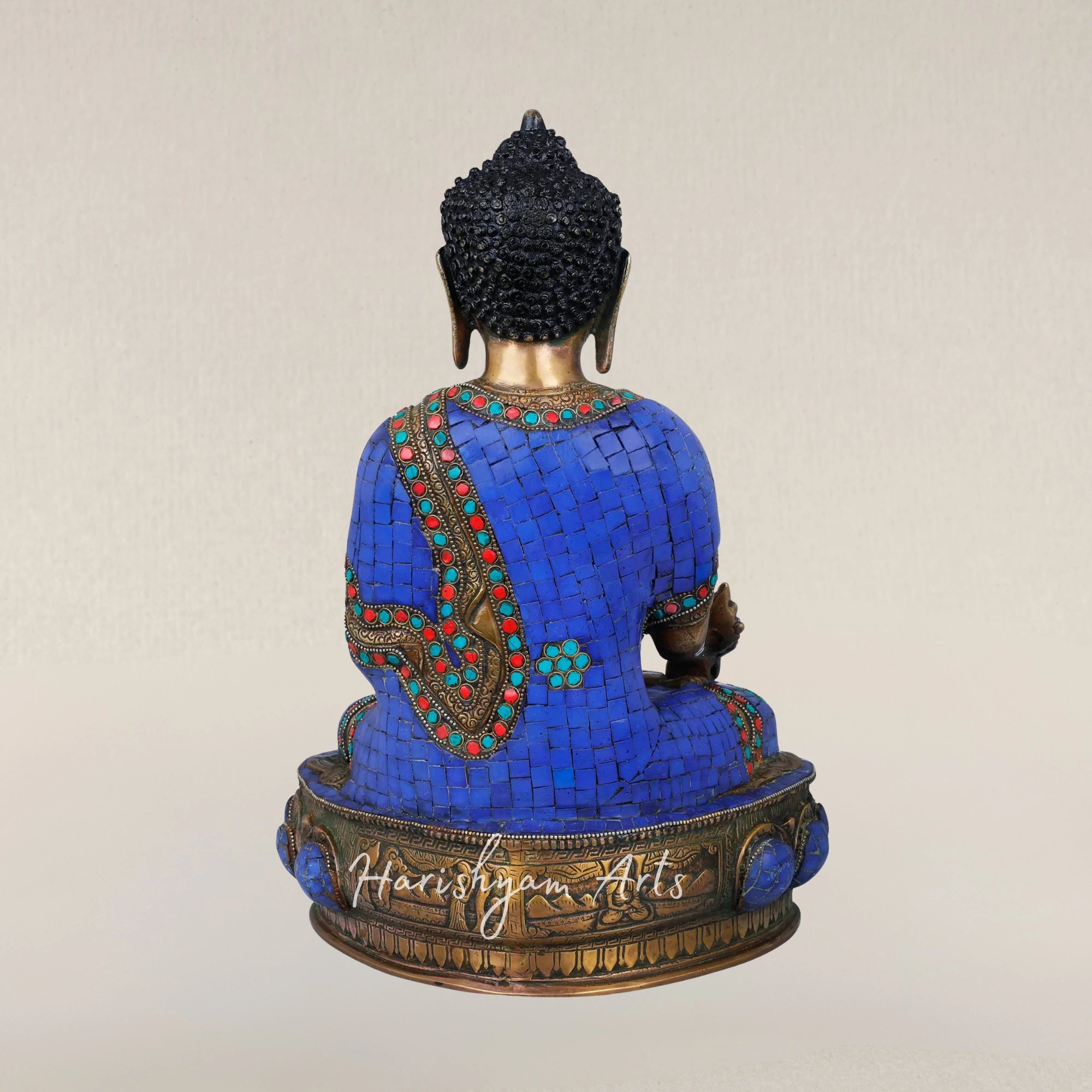 15" Tibetan Buddhist Healing Buddha Statue in Brass with Lapis Stone Finish
