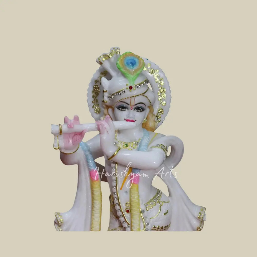 15" Krishna Playing Flute With Peacock makrana marble murti