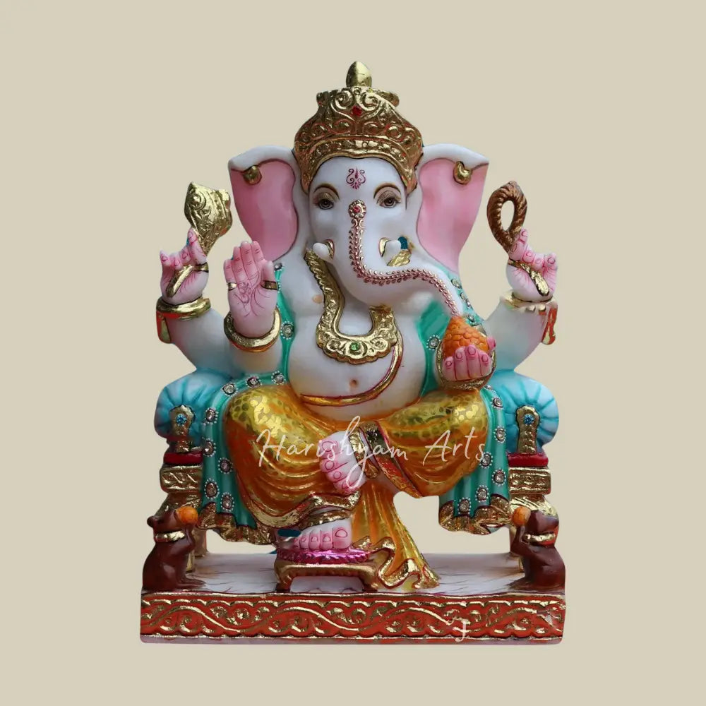 15" Lord Ganapati Sitting On Singhasan Marble Statue