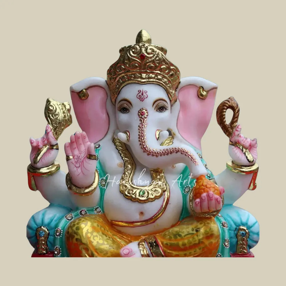 15" Lord Ganapati Sitting On Singhasan Marble Statue