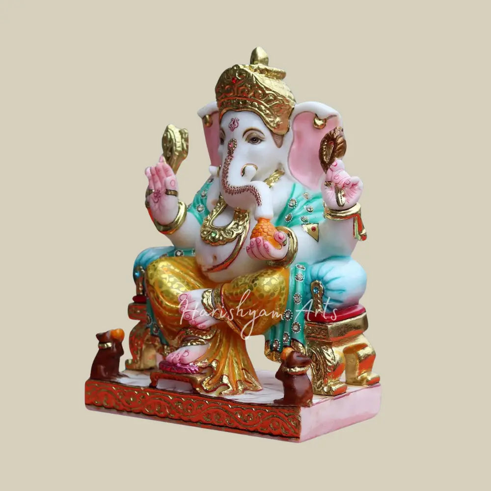 15" Lord Ganapati Sitting On Singhasan Marble Statue