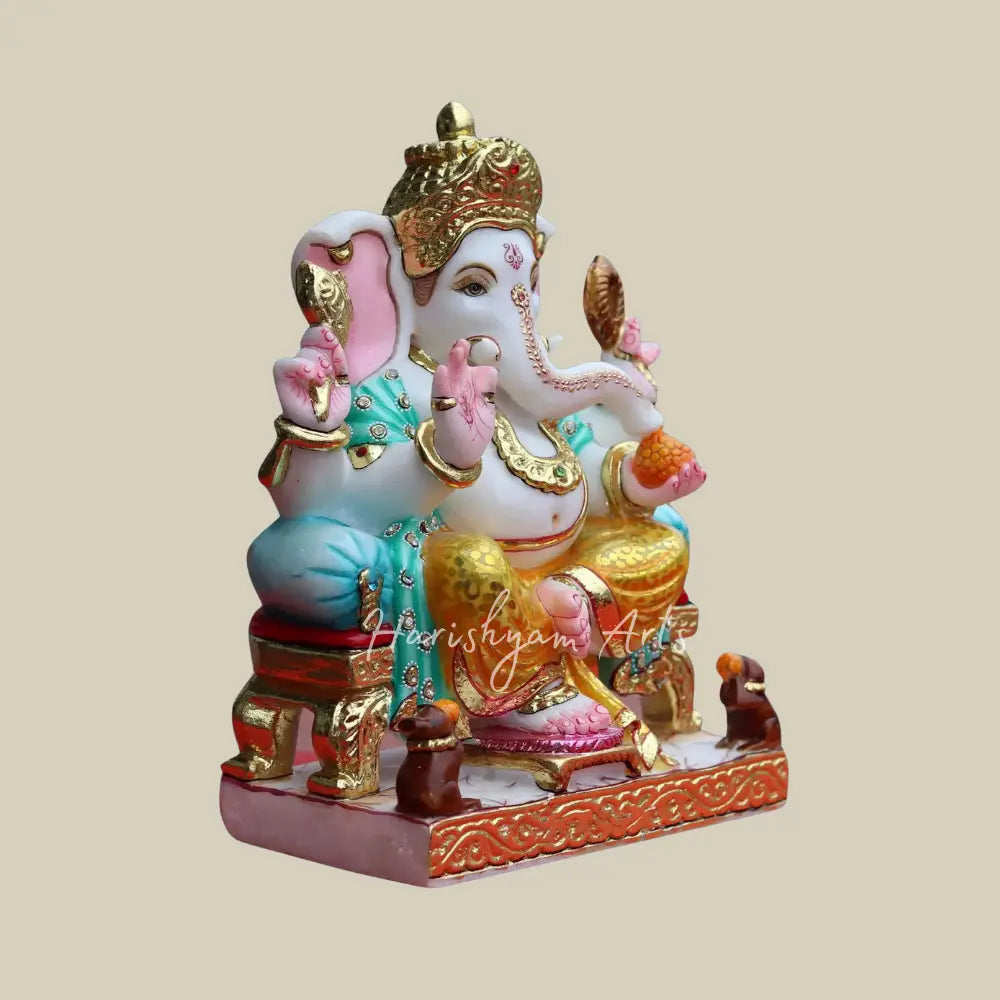 15" Lord Ganapati Sitting On Singhasan Marble Statue