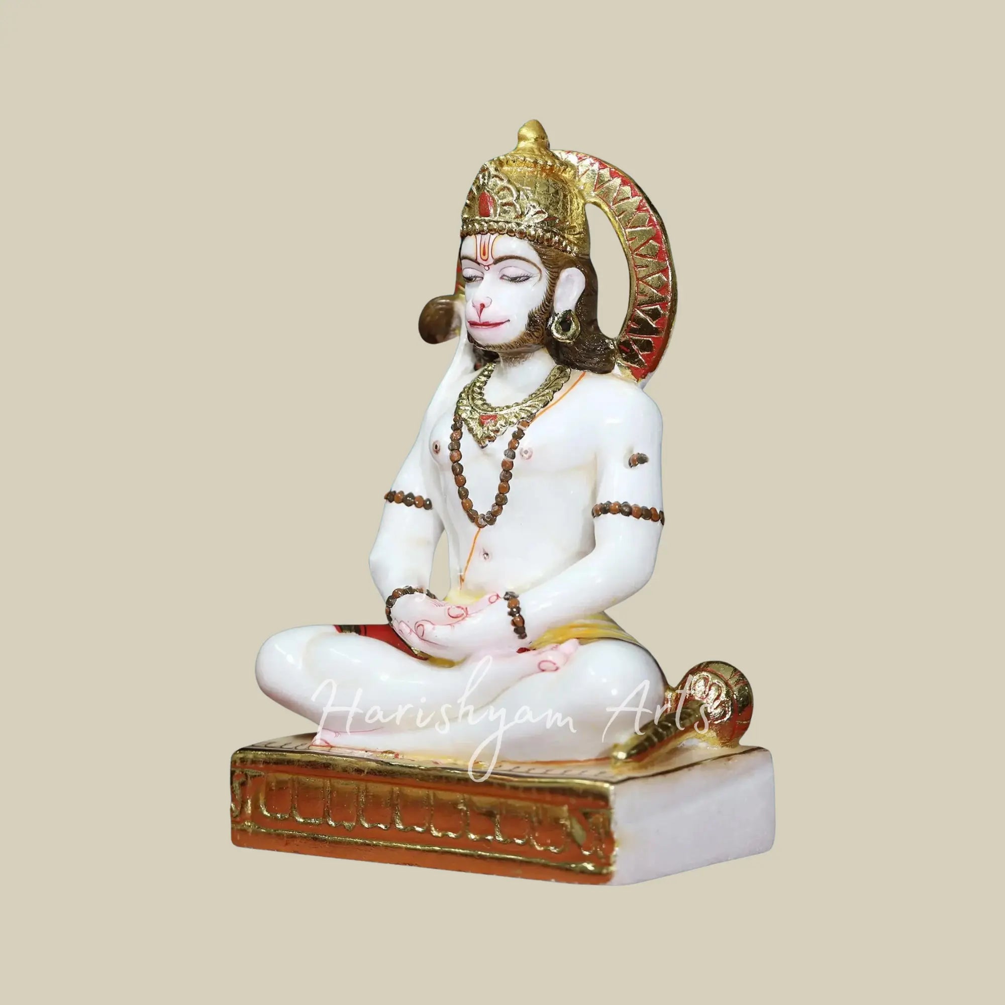 15 inches Lord Hanuman in Meditation Positon White Makrana Marble Statue