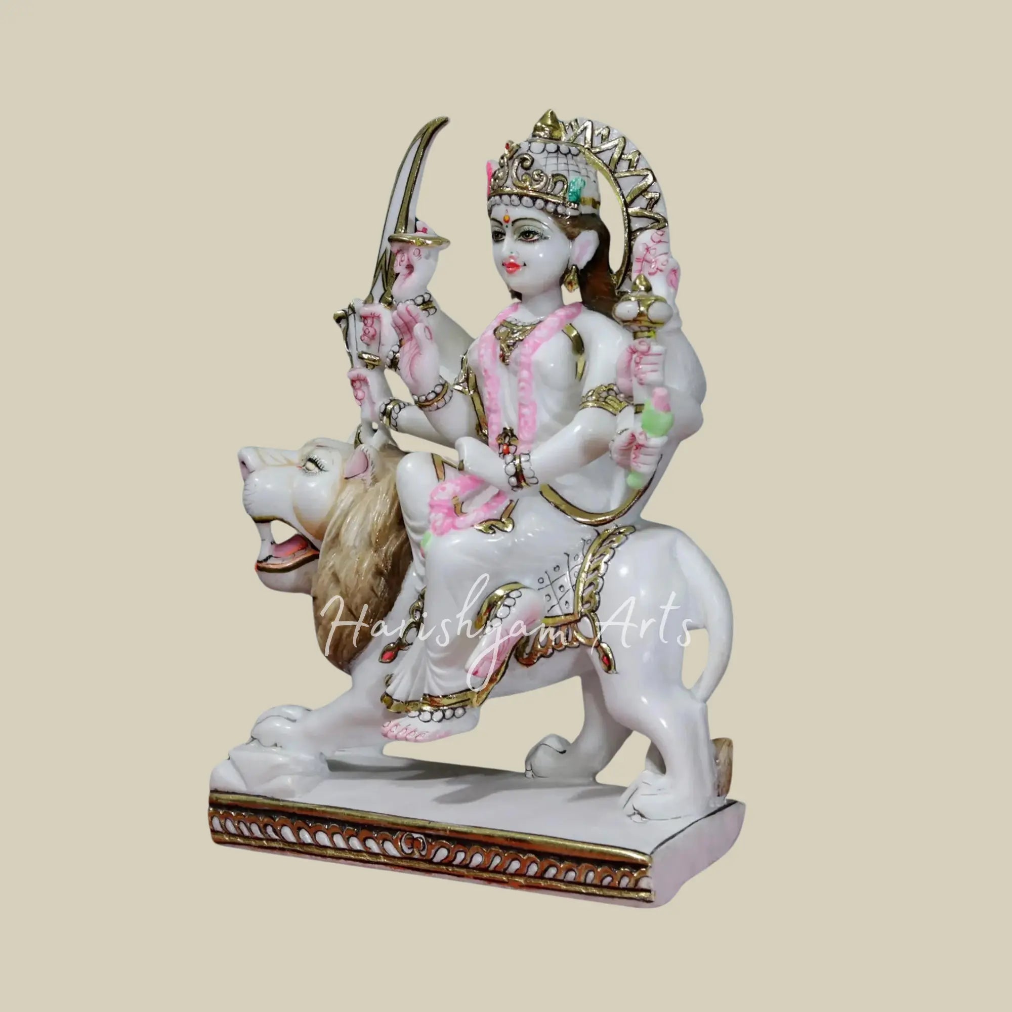 15" Marble Durga idol with lion