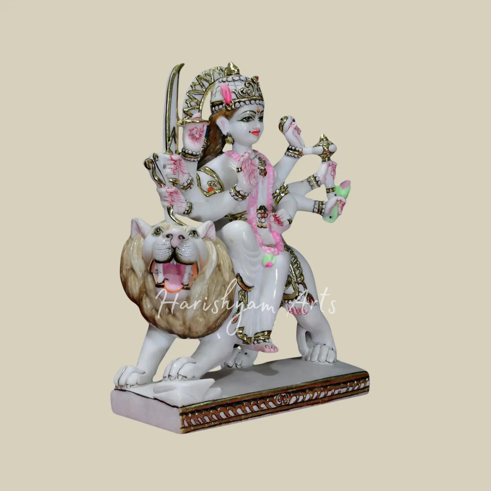 15" Marble Durga idol with lion