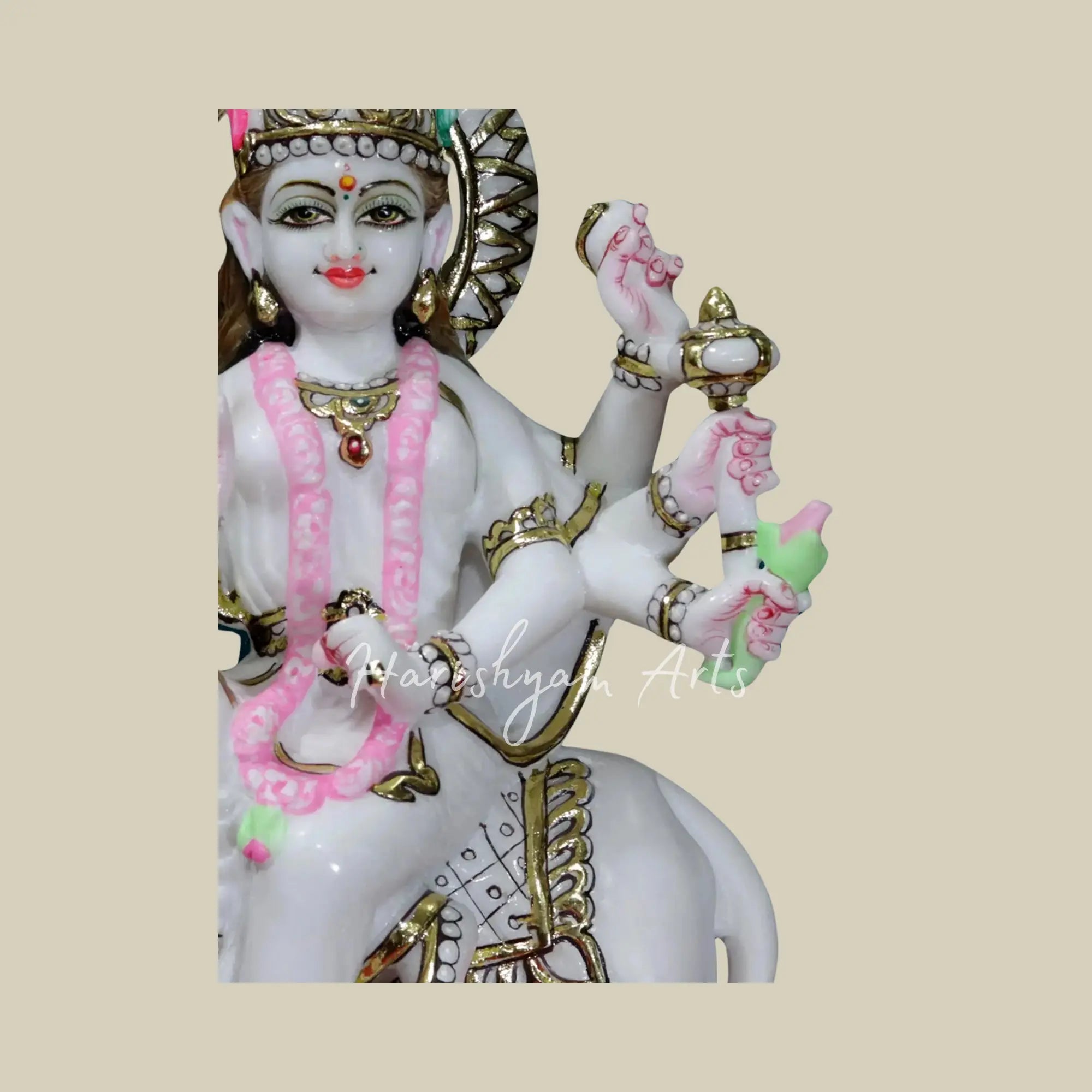 15" Marble Durga idol with lion