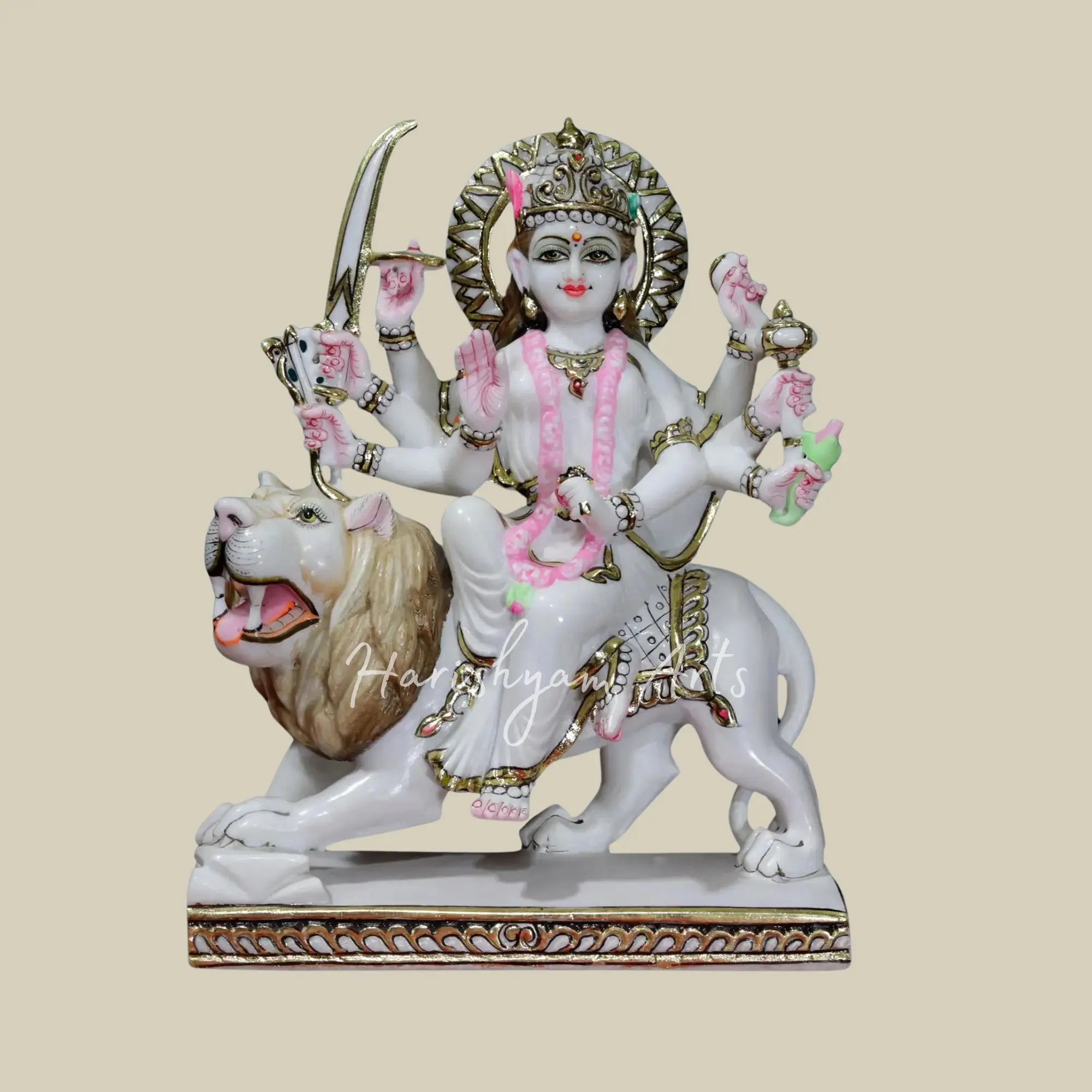 15" Marble Durga idol with lion