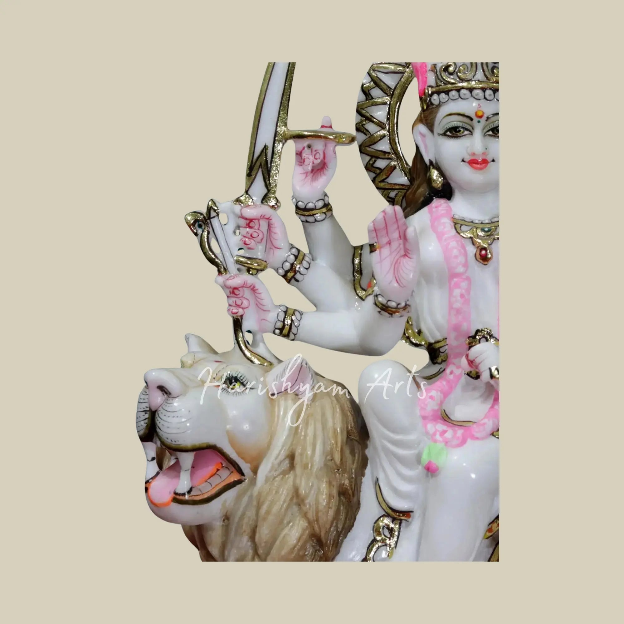 15" Marble Durga idol with lion